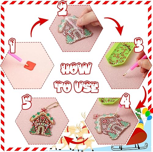 Miniatura 3 de Estune 28 llaveros de Navidad con pintura de diamante de casa de jengibre de doble cara, llaveros de diamantes de Navidad para bricolaje, adornos