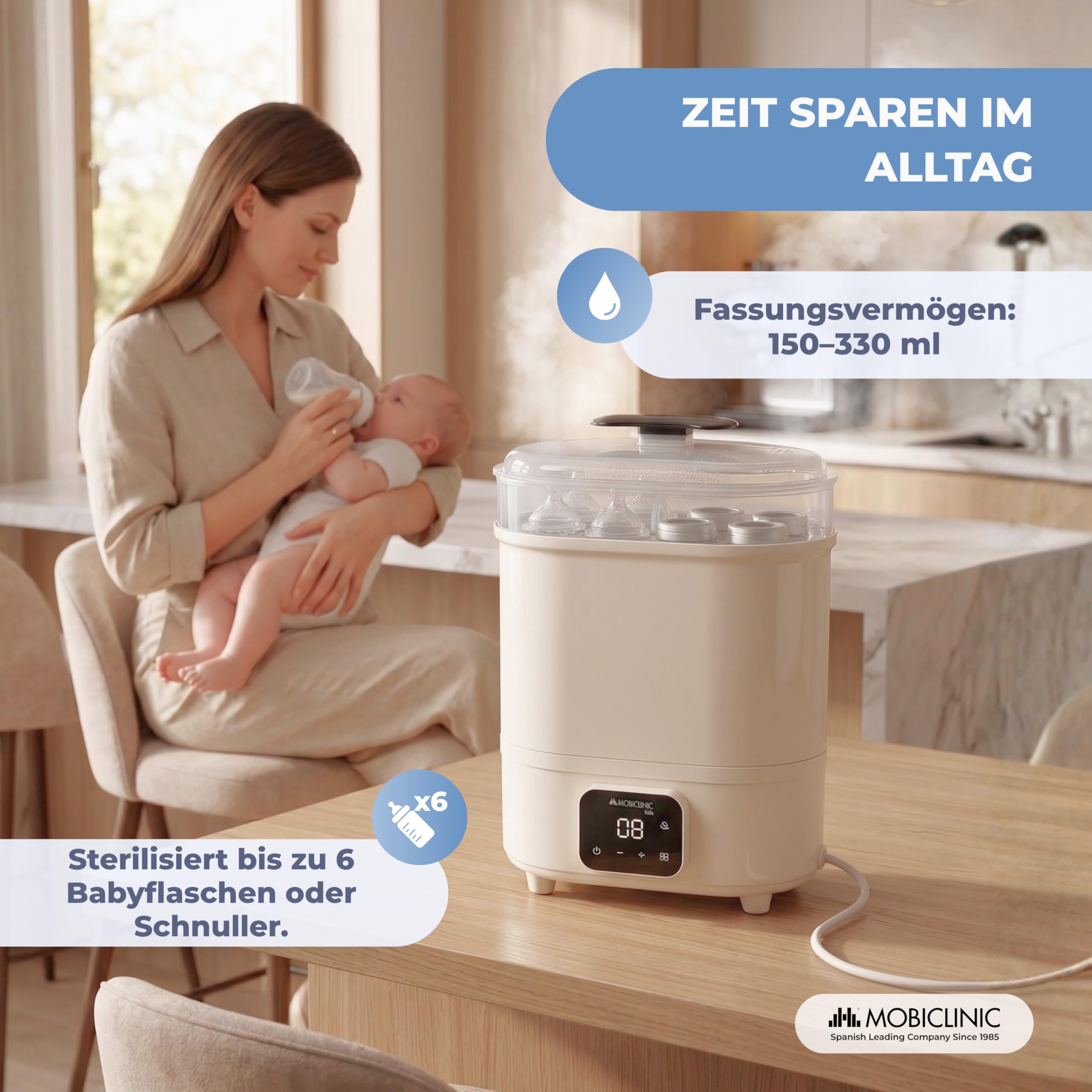 Mobiclinic®, Sterilisator für Babyflaschen, 4 in 1, Bis zu 6 Flaschen, Trocknet, Hält die Temperatur, Automatikmodus, Schnuller und Milchpumpen, LCD-Bildschirm, Kompakt, Mobibi