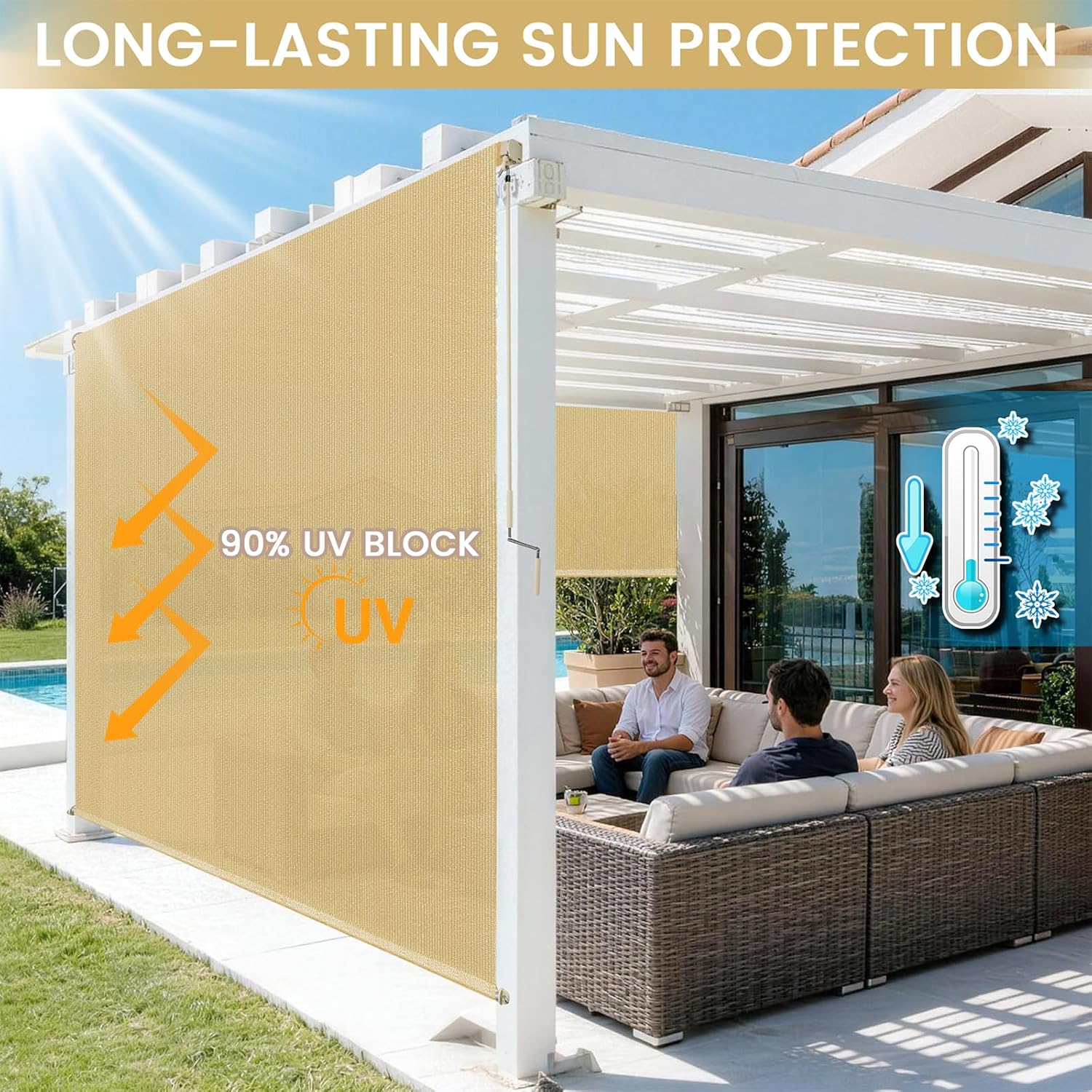 Outdoor Roller Shades for Patio, 8' W x 8' H Cordless Patio Shades Roll Up Outdoor Blinds with Splicing Design, 90% UV Protection for Porch Gazebo Pergola, 2 Poles & 1 Fabric, Sesame