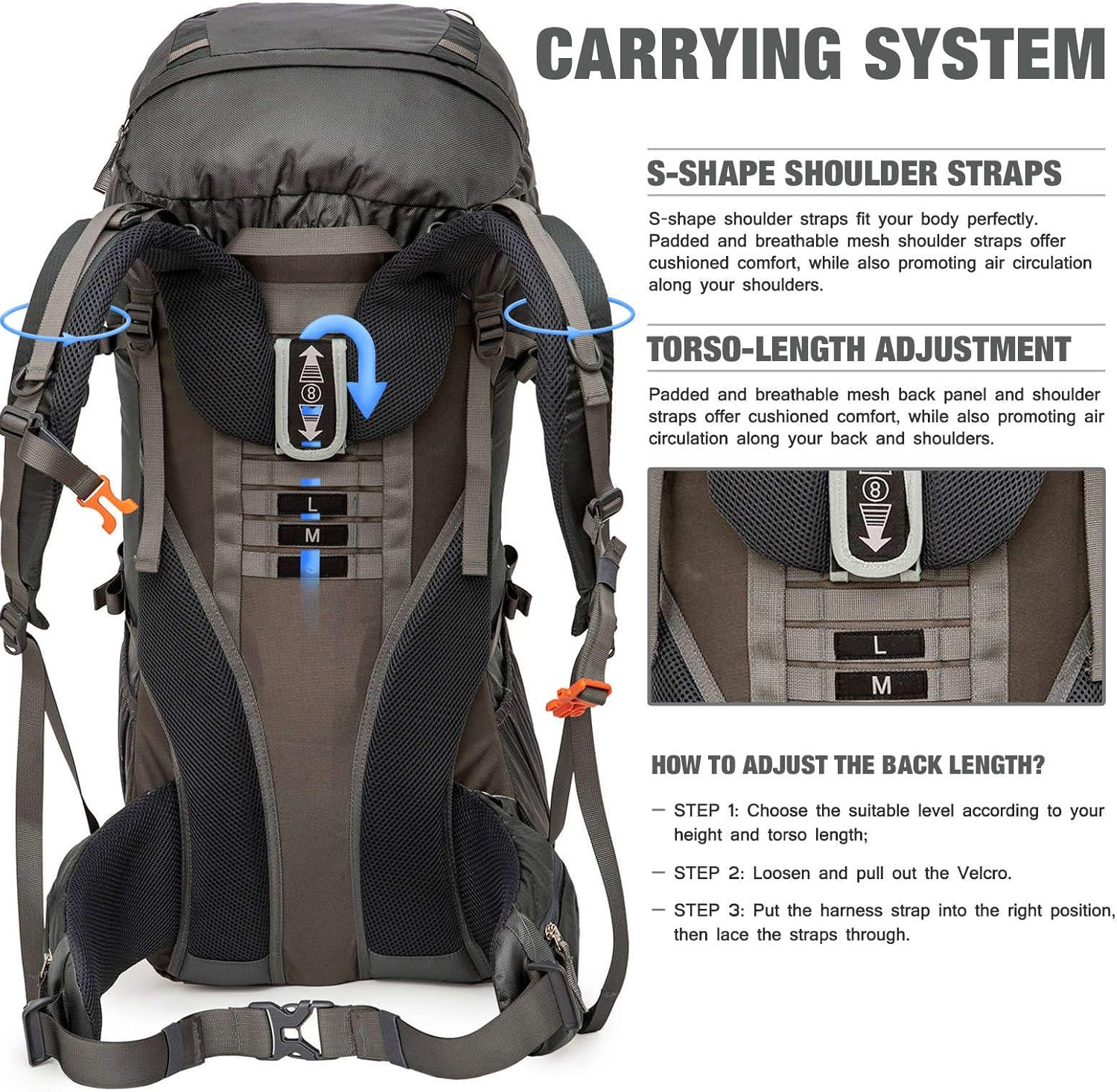 65Liters 80Liters Water Resistance Nylon Internal Frame Hiking Backpack with Intergated Rain Cover