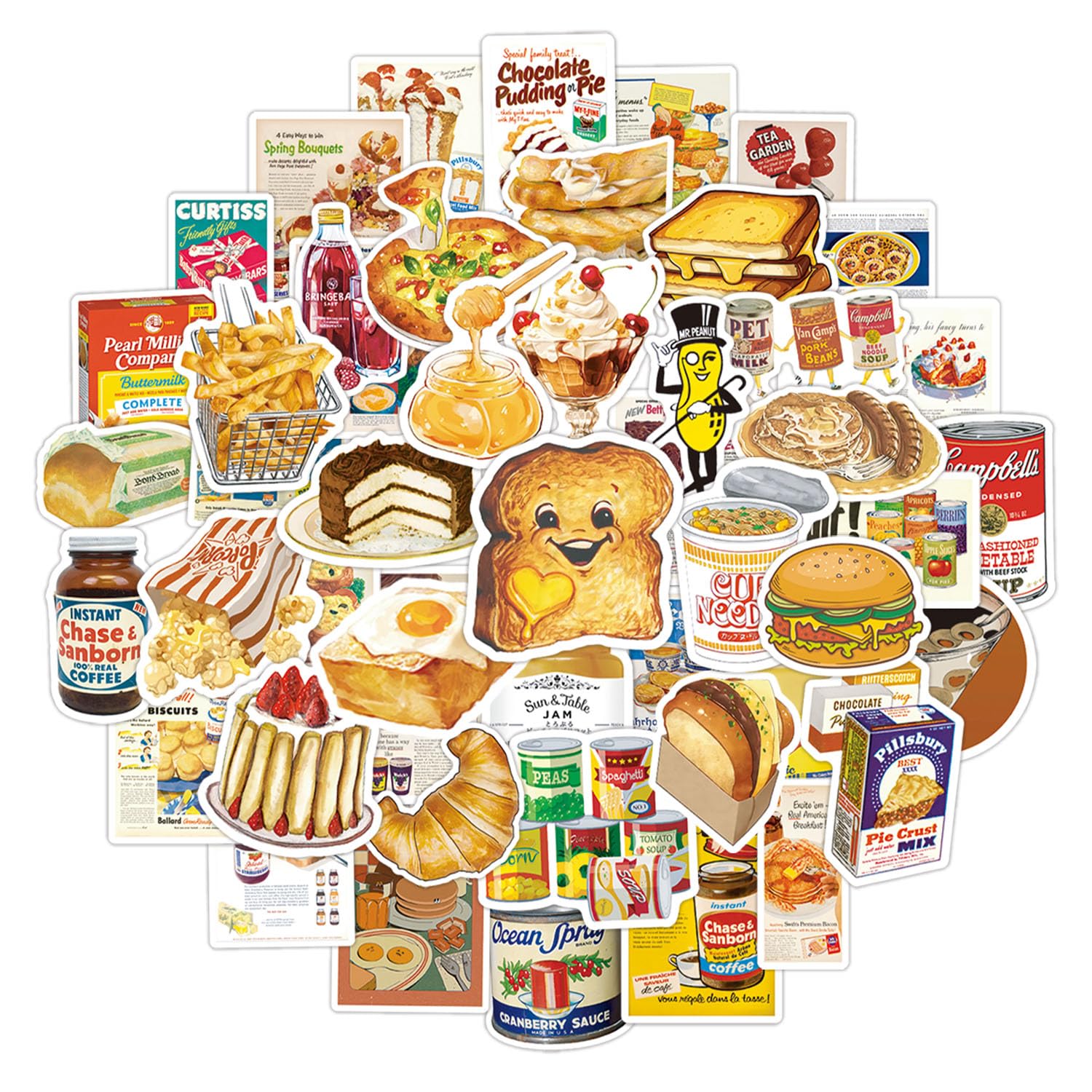 Pegatinas 50 Stickers Vintage Comida, Tema Retro Alimentos, Pegatinas Vinilo Impermeable, Pegatinas para Ordenador Portatil Scrapbook Maletas Viaje Agenda Patinete Botella Agua Moviles Laptop etc