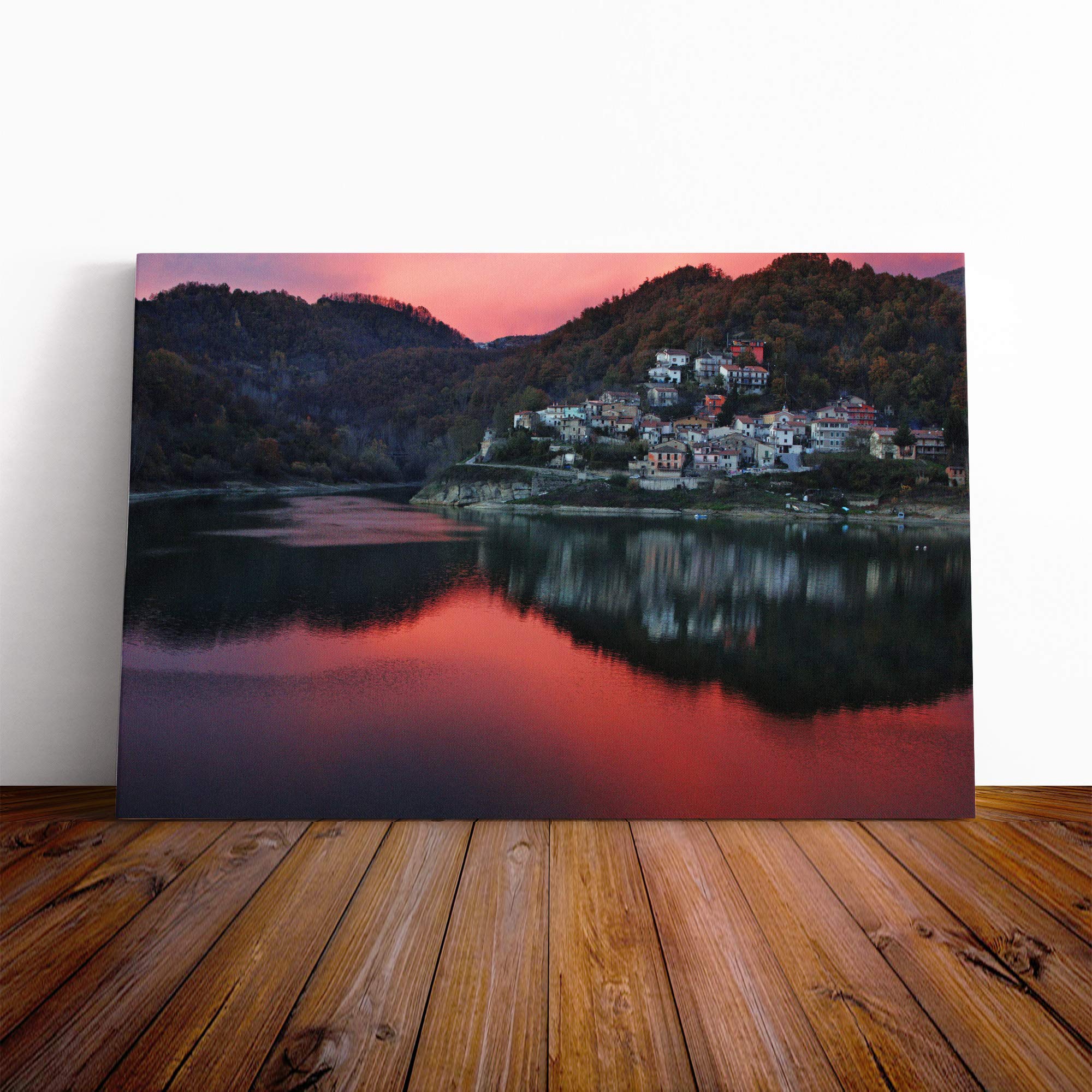 Rieti Italy Sunset Lake and Landscape Canvas Print | Gallery Wrapped 30mm Frame Wall Art | 30x20 inches | Ready to Hang | Contemporary Landscape Picture | Living Room Bedroom Lounge Office