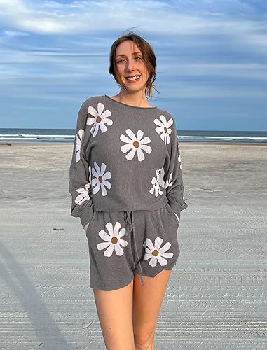 Miniatura 3 de Ekouaer Conjunto de pijama de punto para mujer, conjunto de descanso de manga larga abombada y pantalones cortos, conjuntos de 2 piezas, conjunto de