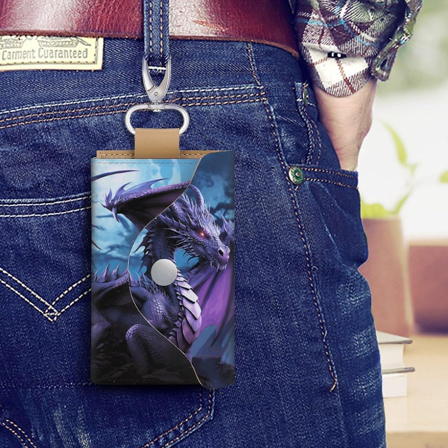 Purple Dragon Purple Moon Key Pouch, PU Leather Key Holder, Personalized Snap Closure Key Bag with Card Slot & Coin Pocket, Portable Key Organizer for Car Keys House Keys, Men Women