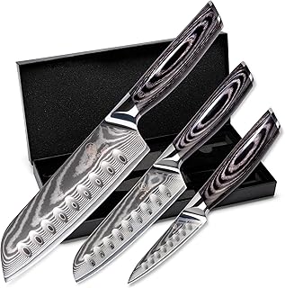 Wolfblood PRO 3er Santoku Damastmesser Set XL (31, 23 und 19cm) TÜV geprüfter 62 HRC Damaststahl aus 67 Lagen I Damast Küchenmesser Set mit Holzgriff Geschenkbox & Klingenschutz