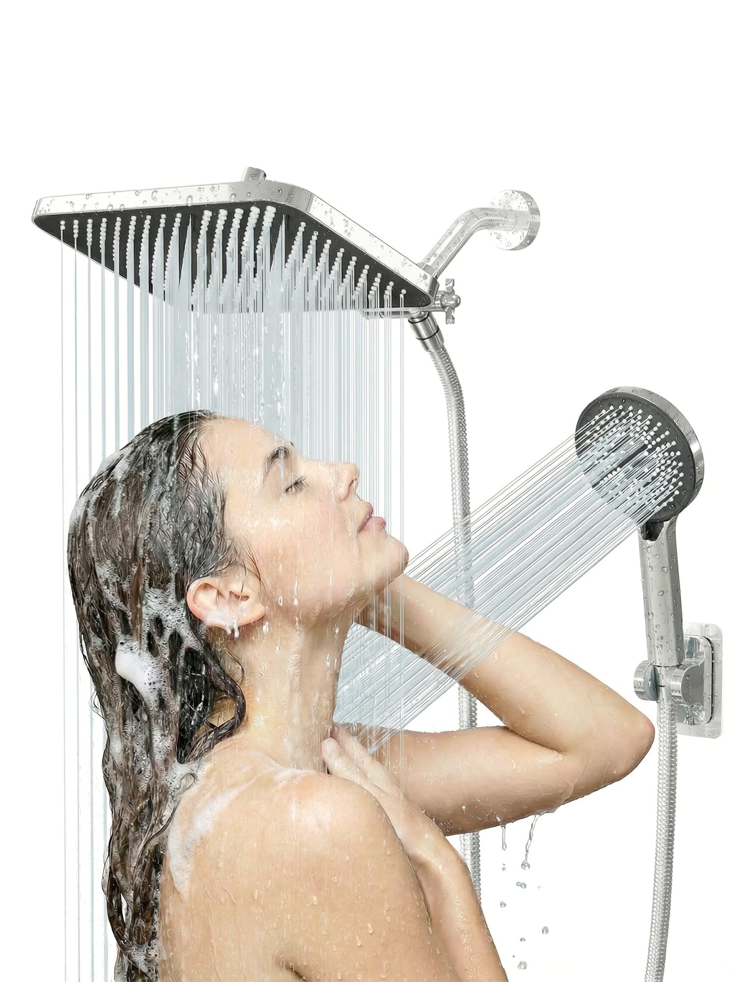 JOOM Cabezal de ducha con mano, combo de lluvia de alta presión, cromado | Brazo de extensión, antifugas, con soporte, altura y ángulo ajustable