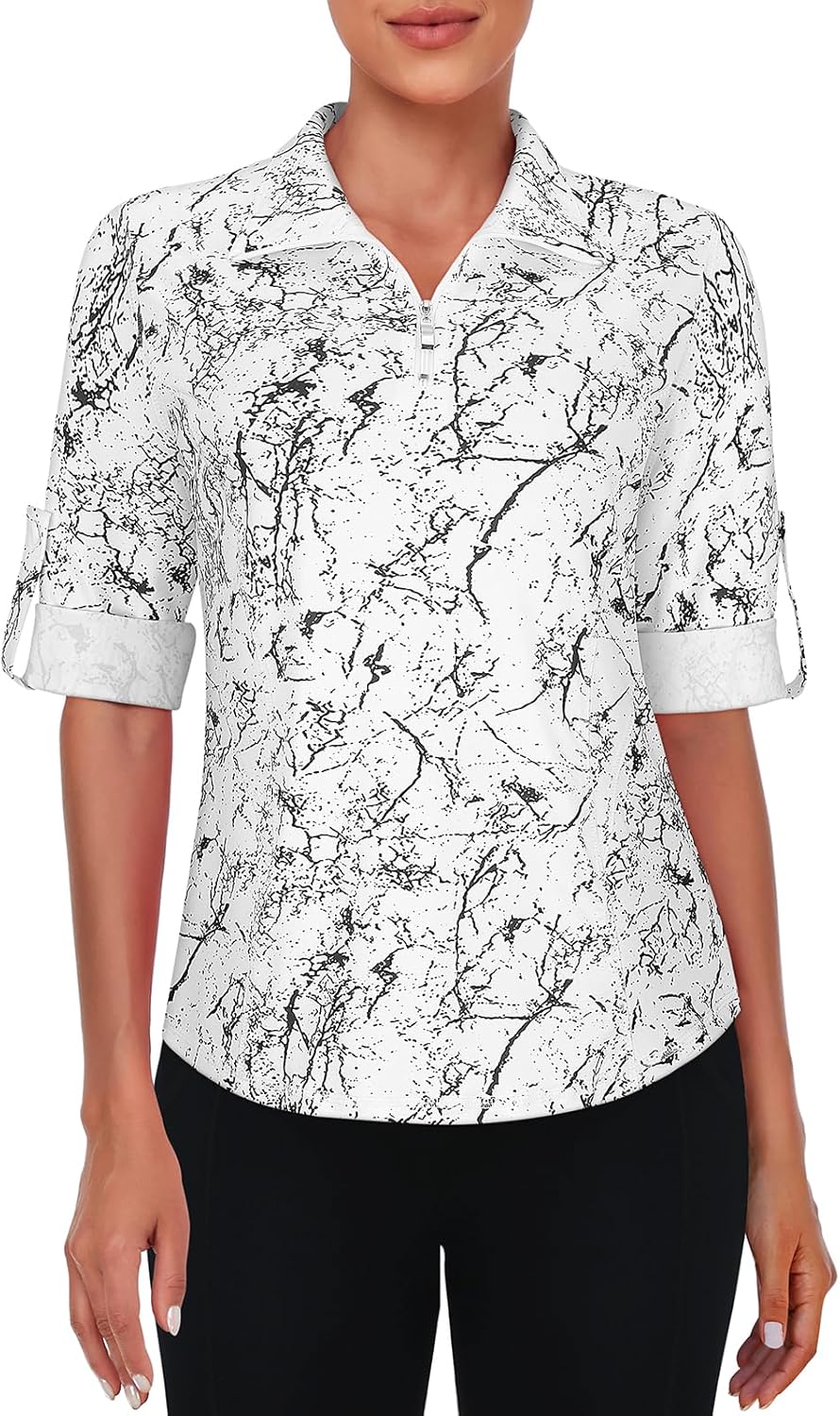 Misyula Style Womens Golf Shirt 3/4 Roll Sleeve Quarter Zip Dry Fit Tennis Shirts Athletic Tops S-2XL