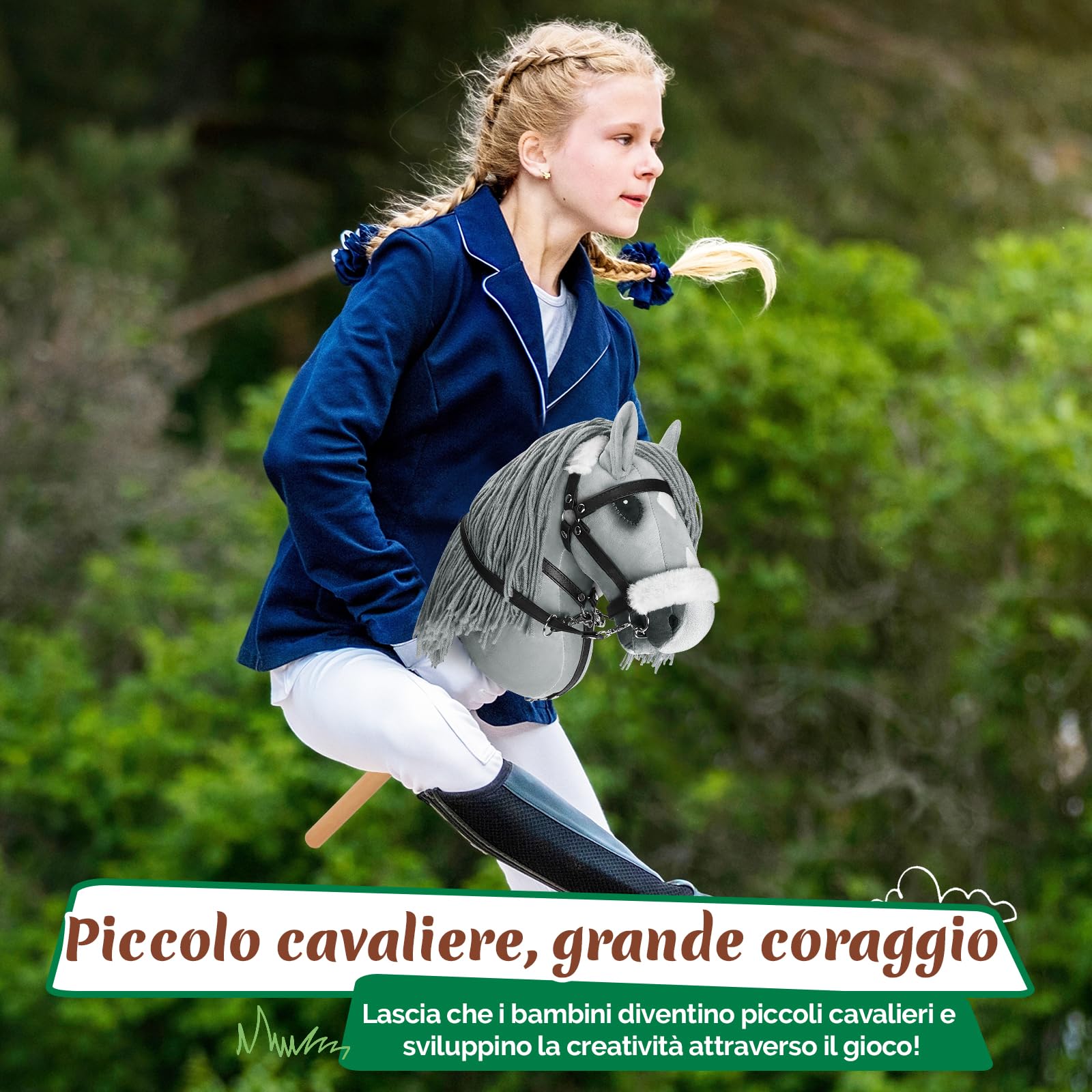 Charmofun Hobby Horse, Cavallo con Bastone per Bambini con Testa A3, Morbido Halter in Peluche, Coda Fluente e Cinghia Regolabile, Ideale per Gioco e Regalo (Grigio (con Capestro in Peluche))