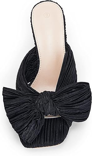 Miniatura 5 de Coutgo Sandalias de tacón con lazo para mujer, tacones plisados con lazo, puntera cuadrada abierta, lindos tacones de gatito, zapatos de vestir