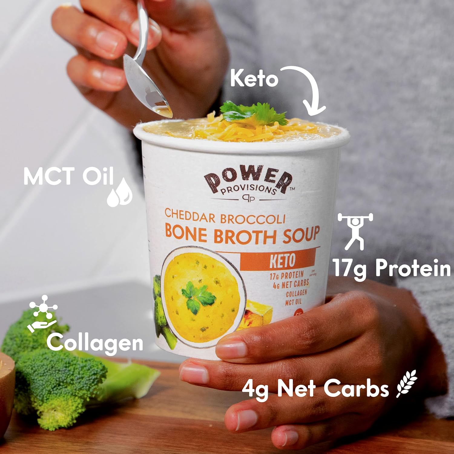Power Provisions Cheddar Broccoli Bone Broth Soup Cups - Keto Instant Soup Cup - Collagen Infused with 17g of Protein - Gluten-Free Soup - 1.4 oz. - Pack of 6