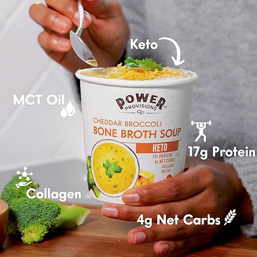 Miniatura 4 de Power Provisions Cheddar - Tazas de sopa de caldo de hueso de brócoli - Taza de sopa instantánea Keto - Infusión de colágeno con 0.76 onzas de