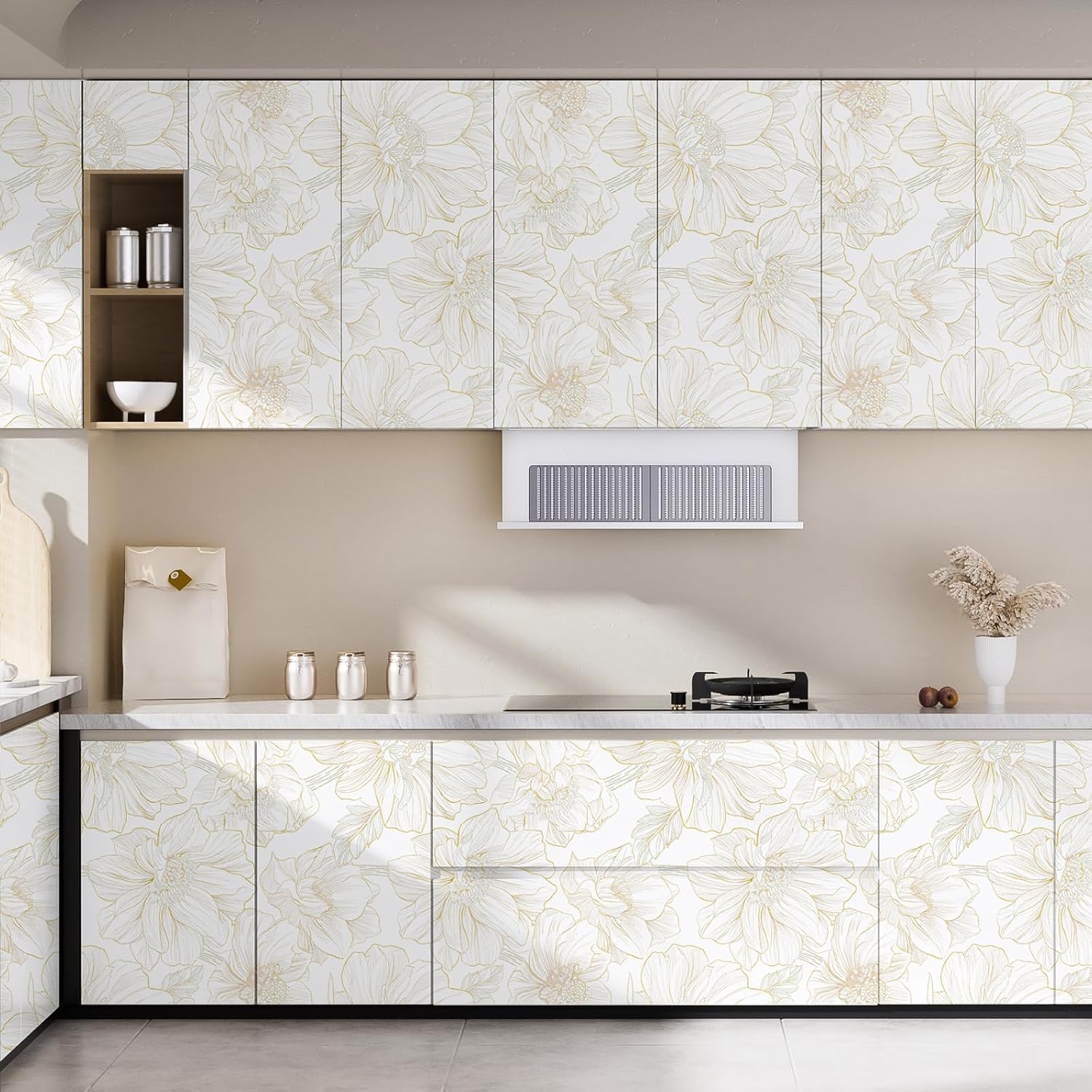 Abyssaly Beige Neutral Peel and Stick Wallpaper Large Floral Contact Paper Boho Flower Removable Self Adhesive Vinyl Roll Waterproof Wall Paper for Bedroom Cabinet Thicken Decor 17.3" x 393.7"