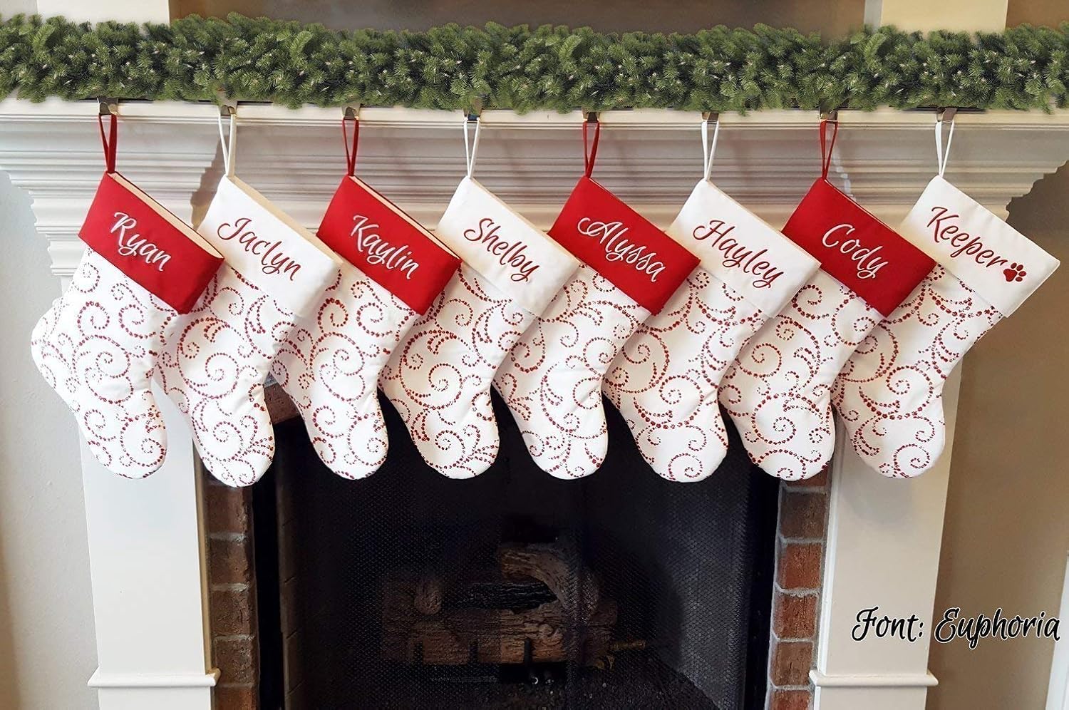 Personalized 19” Christmas Stocking Red & White Classic Whimsical Scroll Design.1 Custom Stocking with Name or Blank