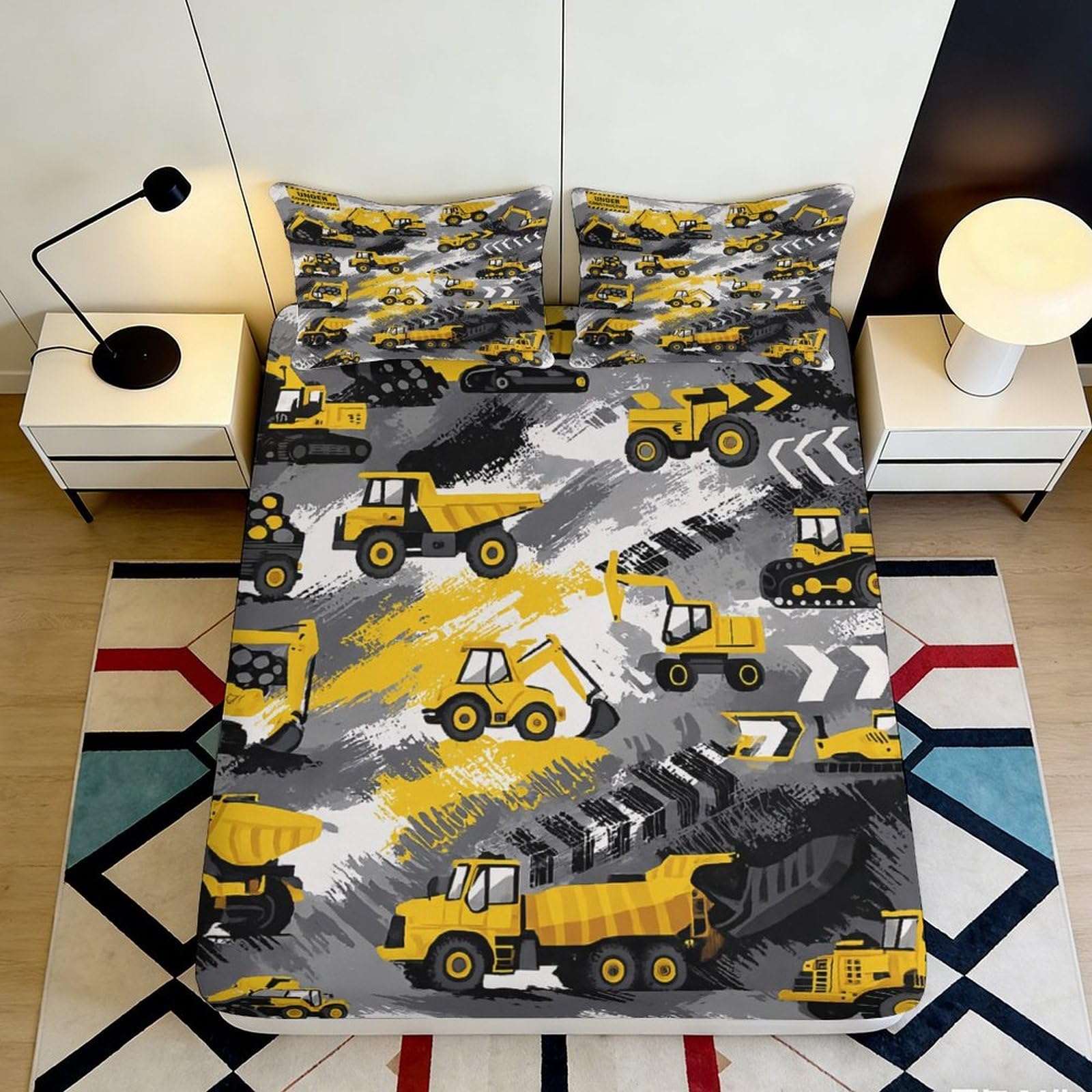 3D Printed Construction Vehicles Fitted Sheet Microfiber Soft Yellow Digger Bed Cover for Bedroom Guestroom Decor 90x200x25cm