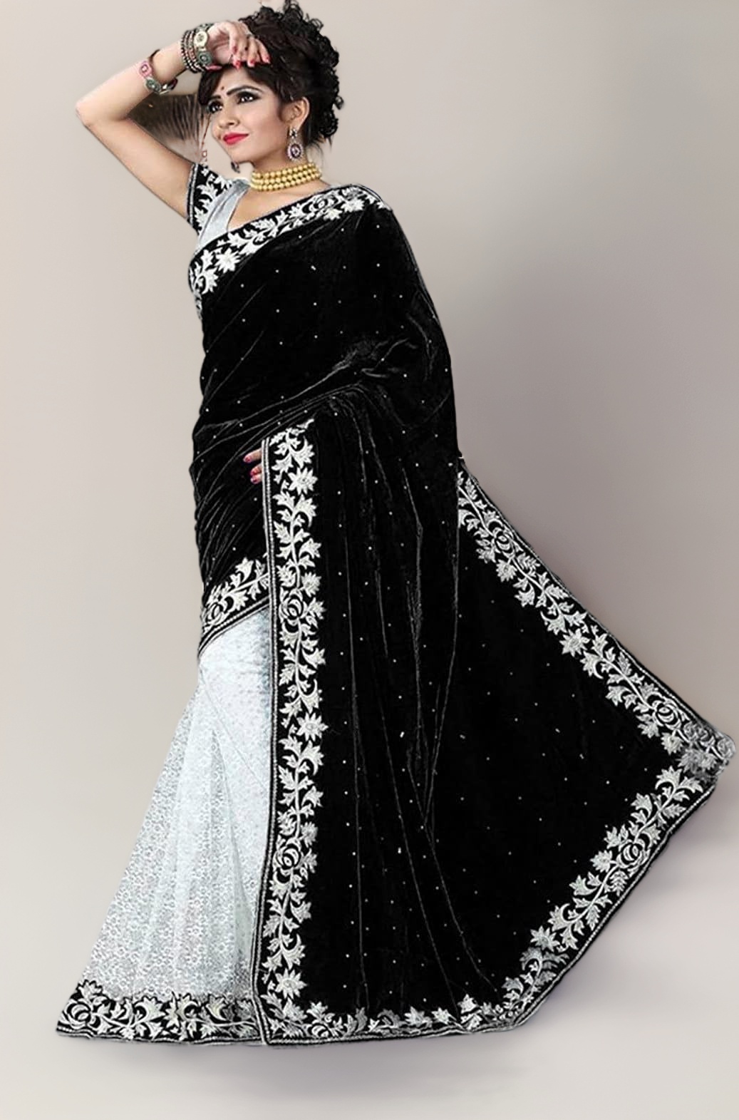 3Buddy Fashion Women's Velvet and Brasso Half-Half Saree with Blouse Piece