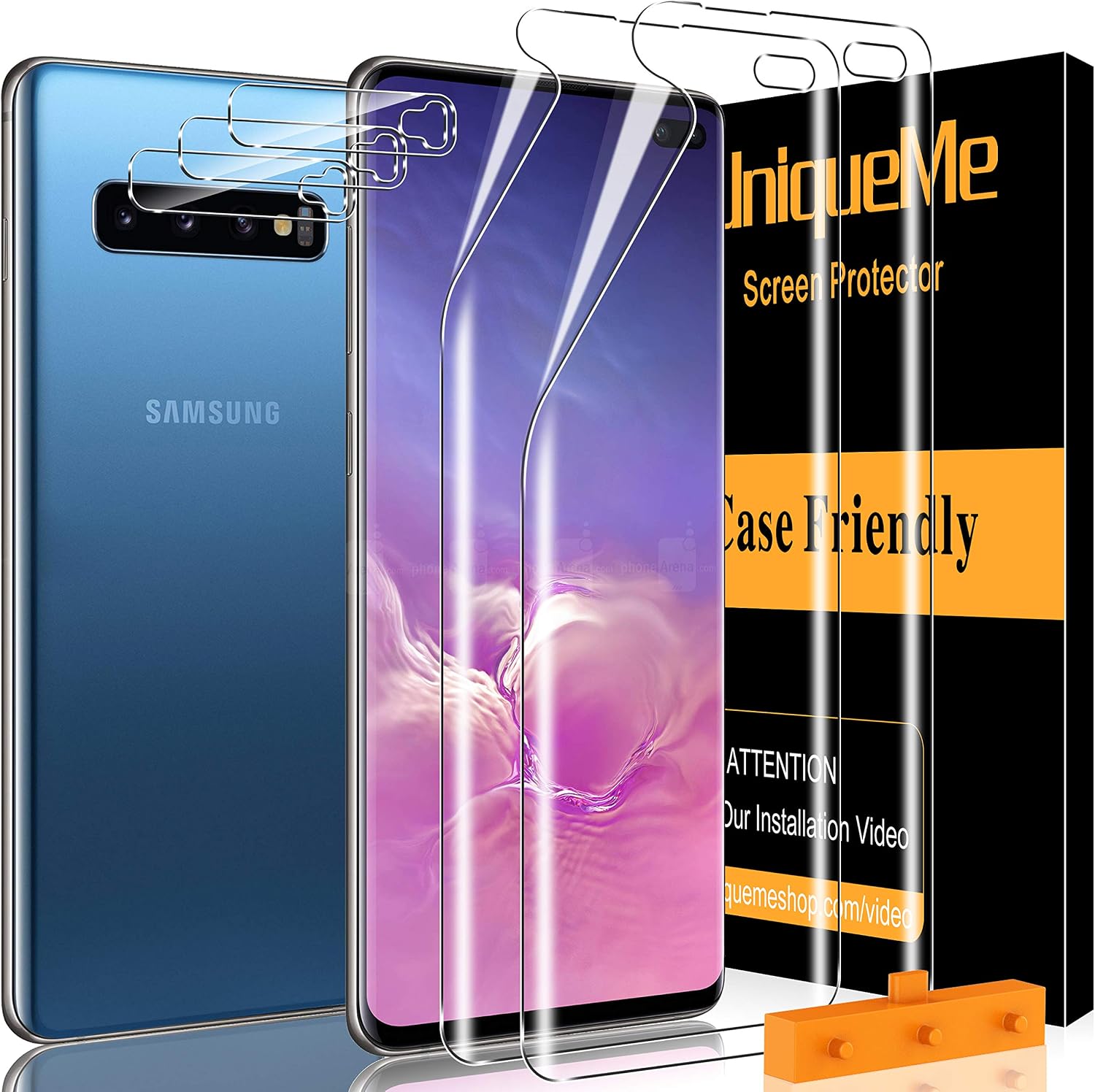 [ 2+3 Pack ] UniqueMe 2 Pack TPU Soft Screen Protector for Samsung Galaxy S10 with 3 Pack Camera Lens Protector Tempered Glass,[One Step Installation][Automatic Damage Repair] Flexible Film HD TPU