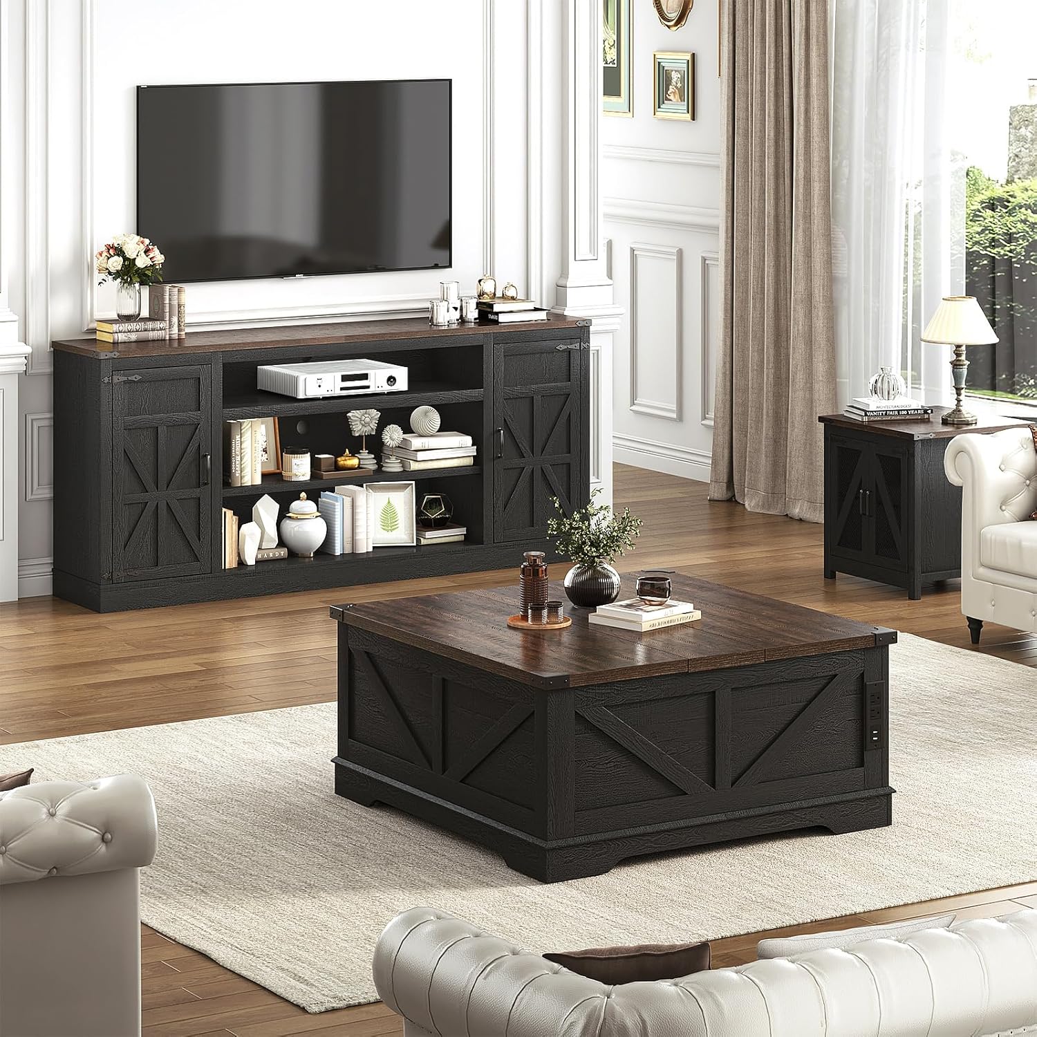 75" Farmhouse TV Stand with Power Outlets for 85 Inch TVs, 33" Tall Entertainment Center with Storage Cabinets w/Adjustable Shelves, Rustic Large TV Media Console, Black