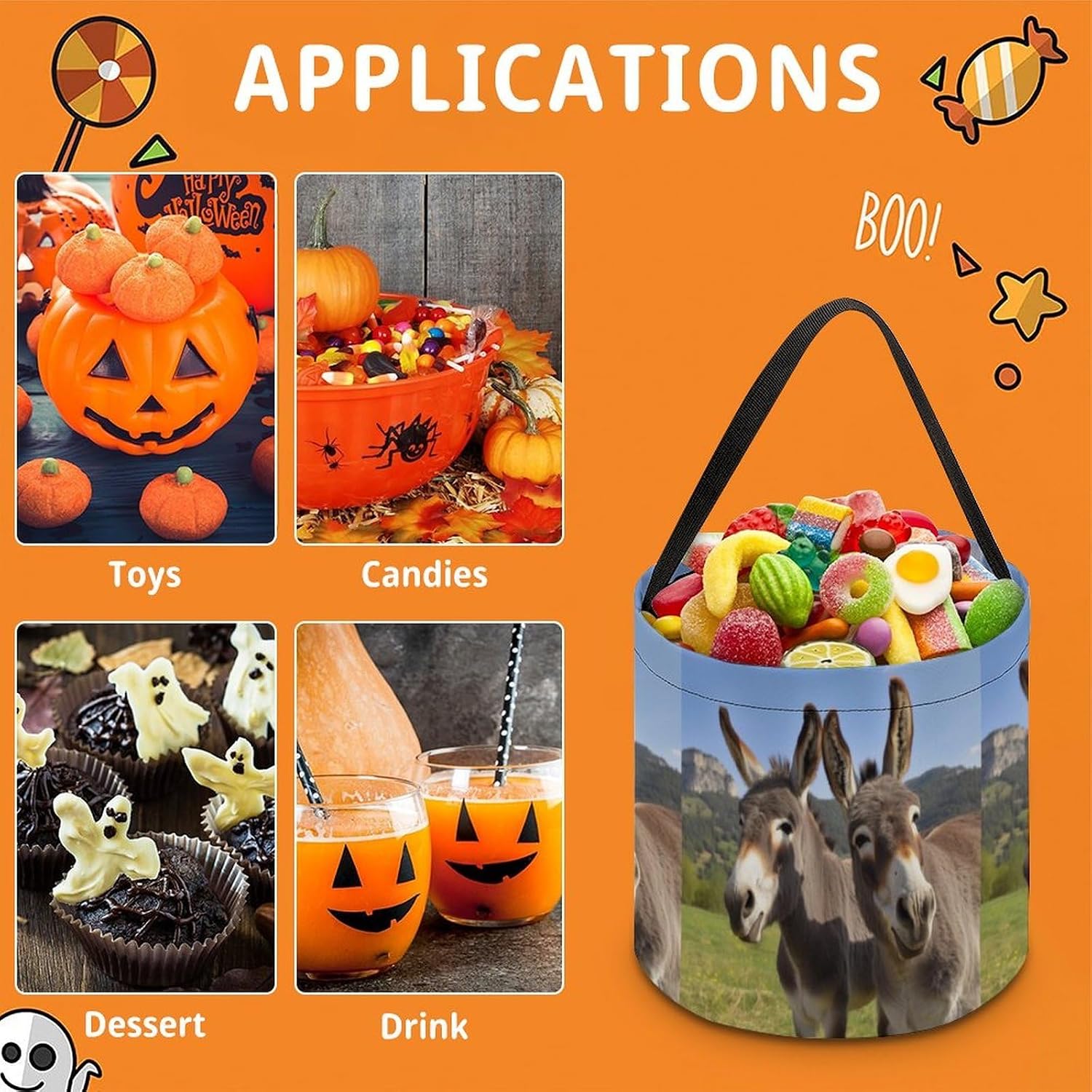 WIMMY Portable Funny Donkeys Halloween Candy Basket with Handle image 3