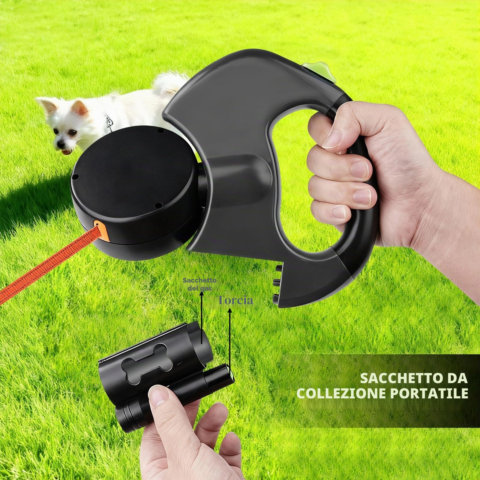 Guinzaglio Retrattile per Cani, Domestici Automatico Guinzaglio per Animali Doppio Retrattile 1 Traino 2 Guinzaglio per Cani Doppio Retrattile con Torcia e Distributore di Borse