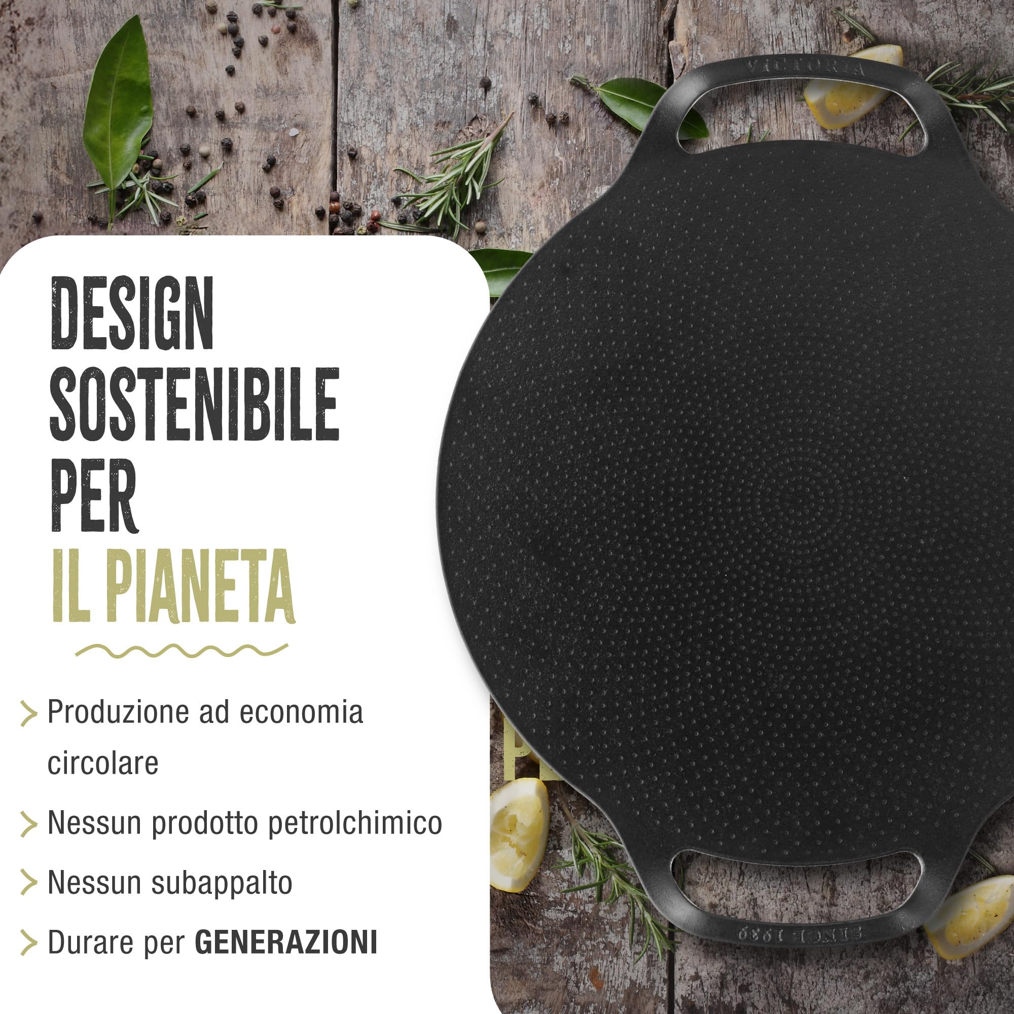 Victoria Teglia per Pizza Ghisa Stagionata, Induzione Piastra per Grigliare 38cm con Manici per Fuoco, Barbecue, Forno, Vetroceramica, Gas, Comal, Antiaderenza Priva di Sostanze Tossiche e senza PTFE