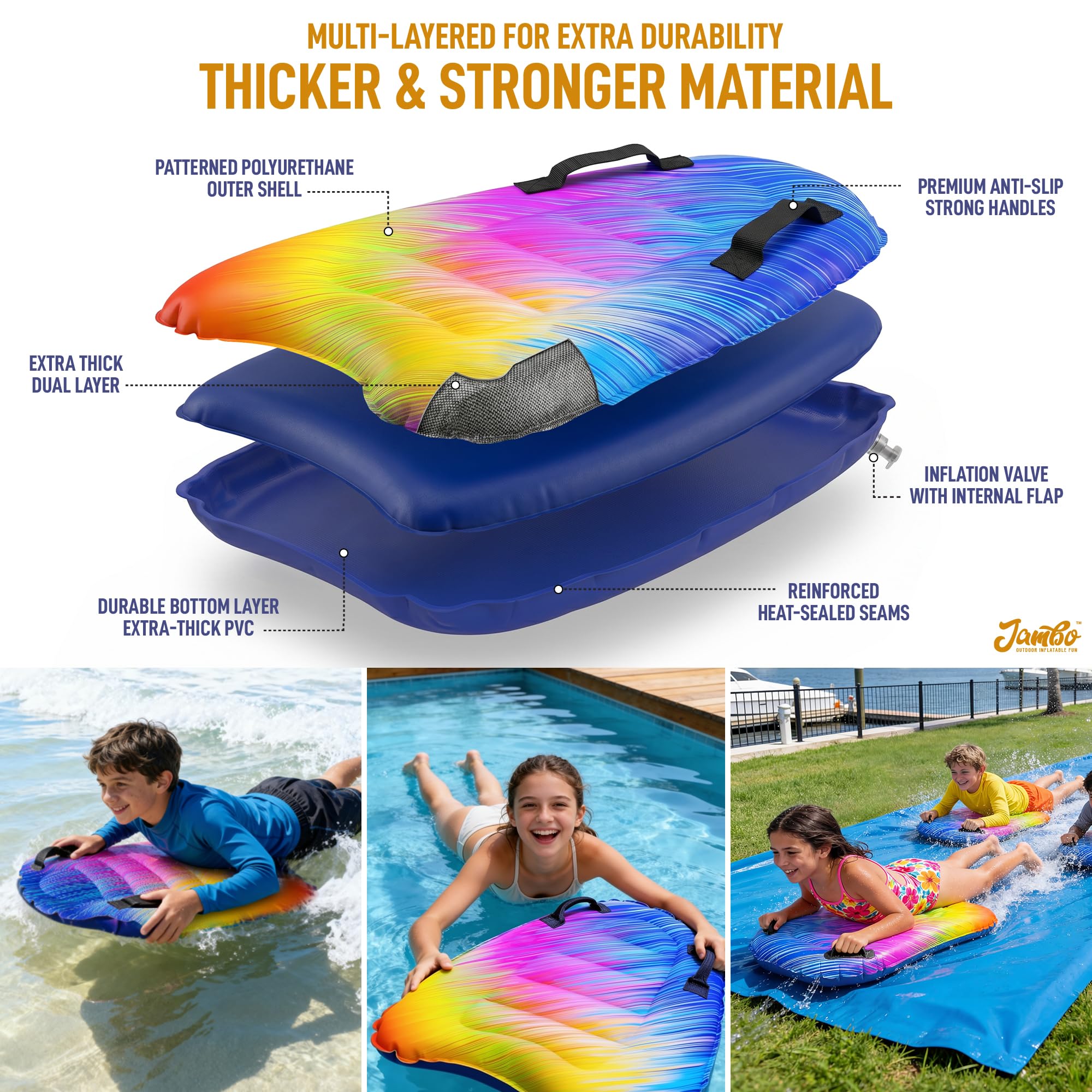 JAMBO Aufblasbares Surf-Bodyboard mit Griffen, Boogie Board für Strand, Surfen, Schwimmen, schwimmende Surfbretter, Pool-Schwimmer, Pool-Strandspielzeug für Kinder