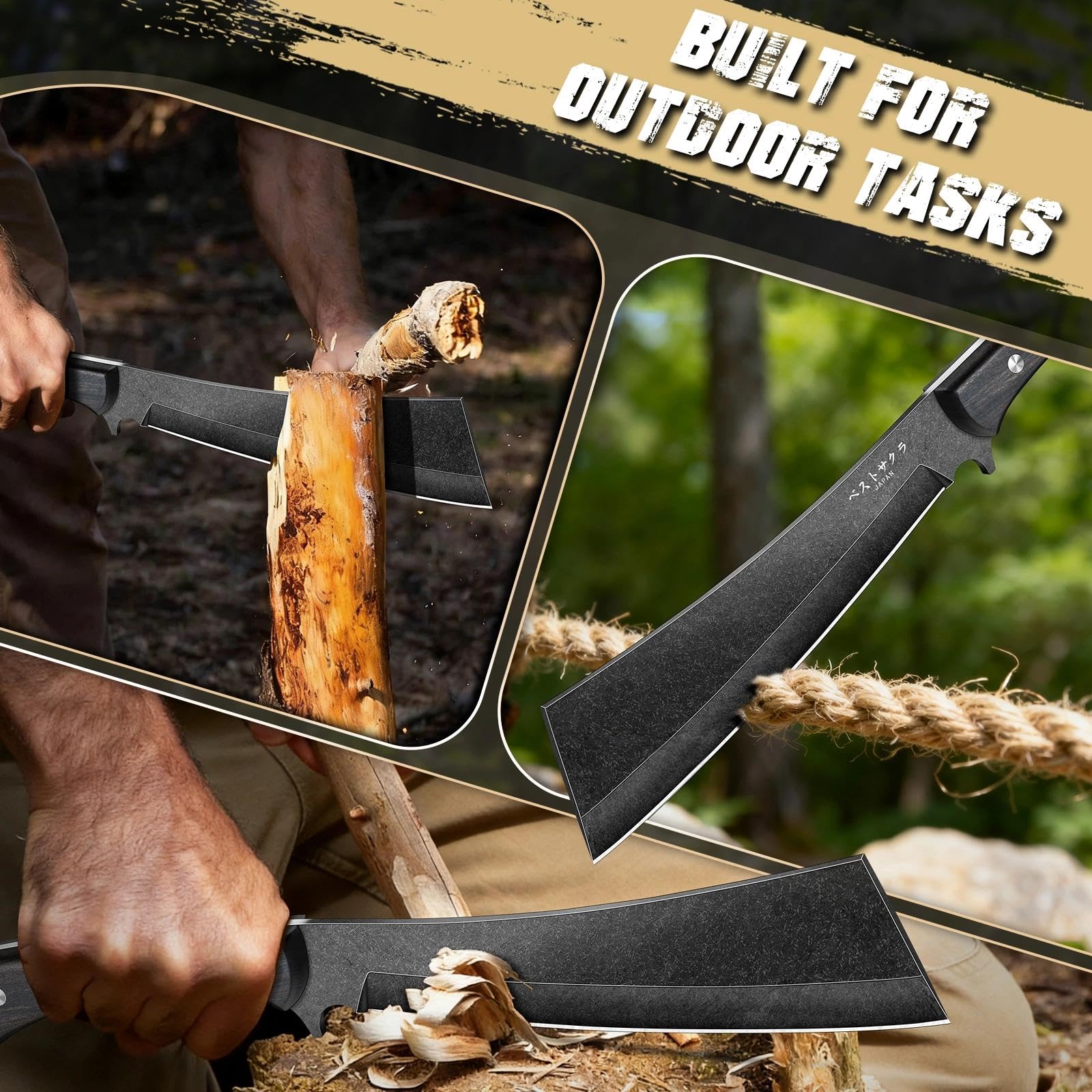 Freelander Machete Survival, Machete Scharf Echt mit Holzschwertscheide, Full Tang Großes Outdoor Messer mit 6mm Klingensteg, Outdoormesser Feststehende Klinge für Camping Gartenarbeit, Schwarz