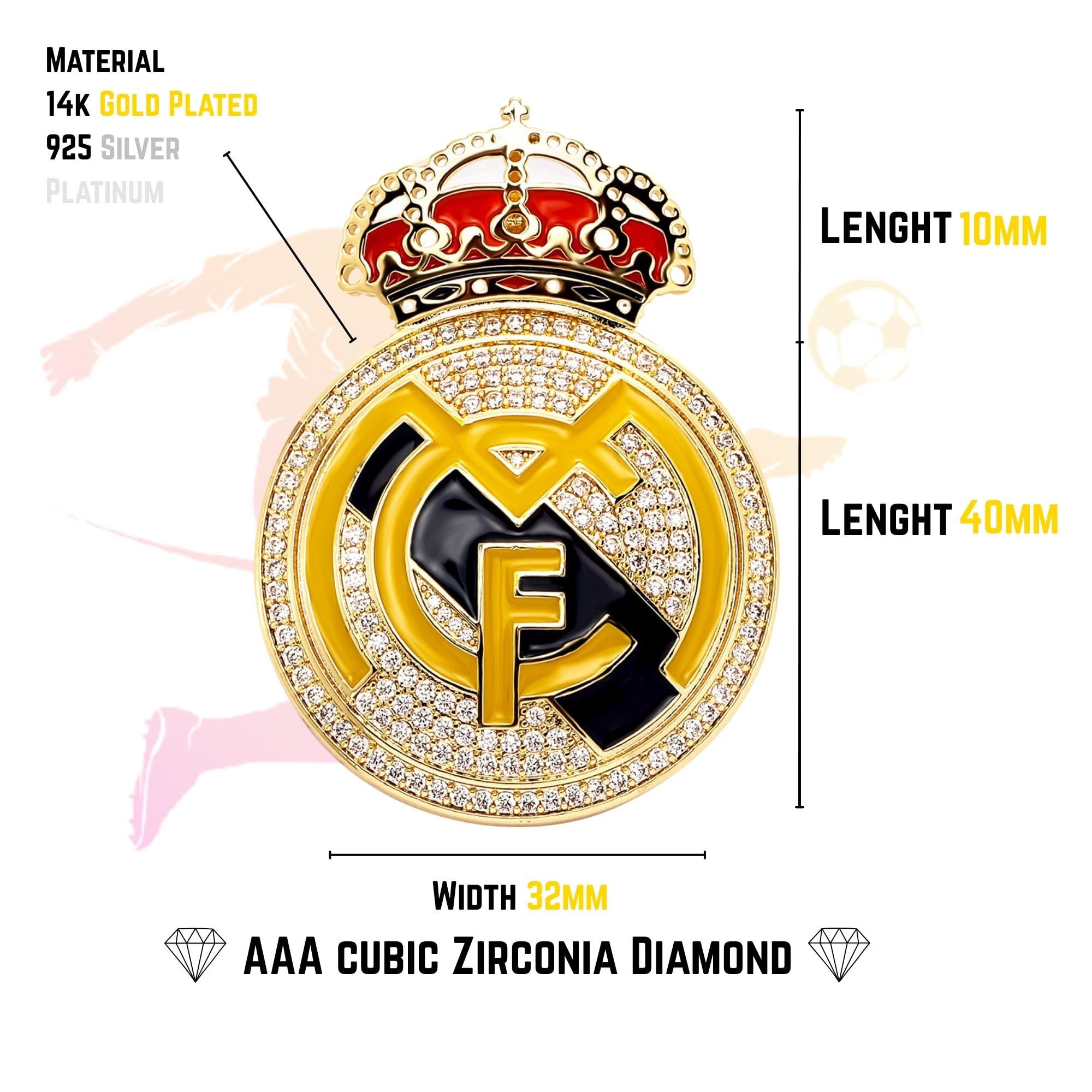 Official Real Madrid Club Team Pendant – 14K Gold Plated Silver Sterling 925 Pendant Badge Necklace with Cubic Zirconia Diamonds for Men & Women – Premium Football/Soccer Fan Gift – Engraved Logo | International Football League (Real Madrid CF)