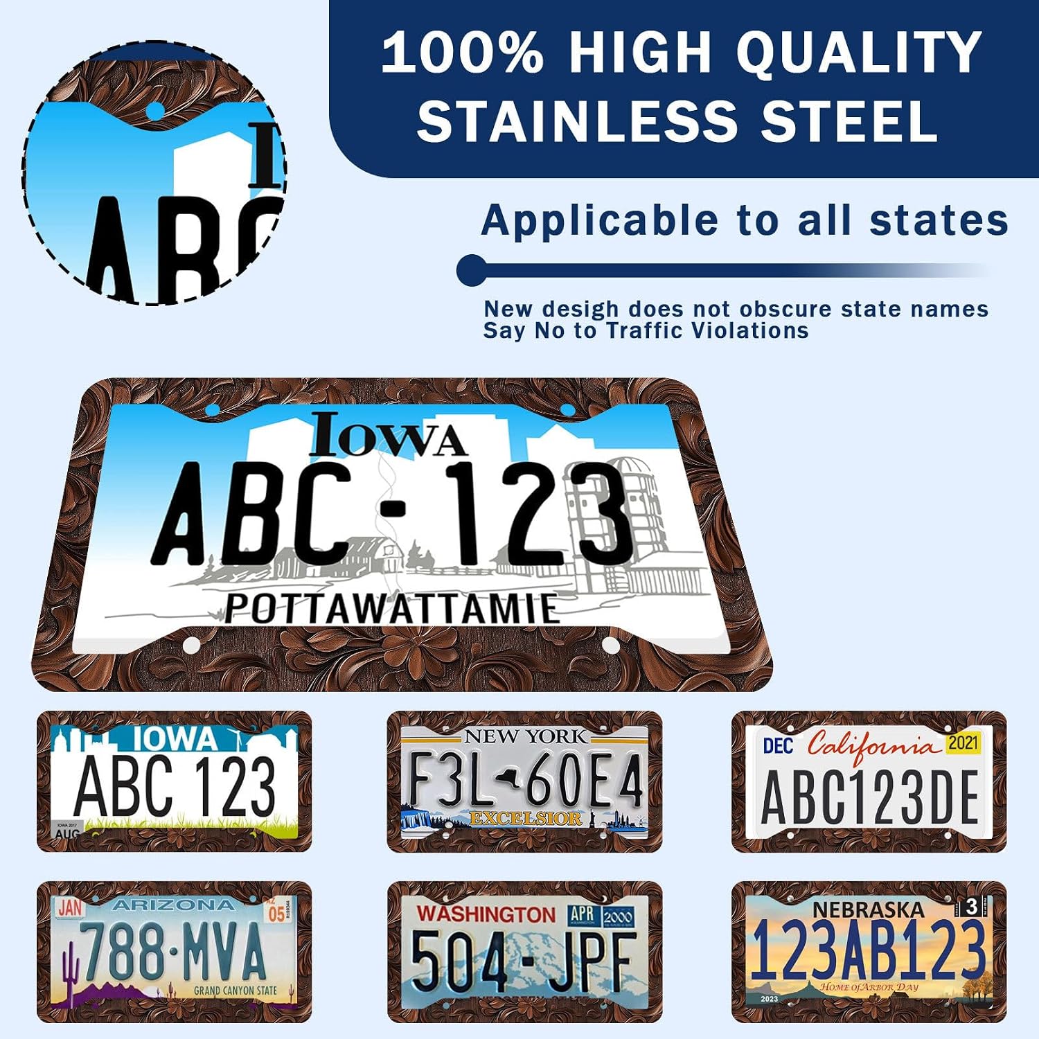 Western Embossed Wood License Plate Frames - 2 PCS Metal License Plate Frame Holder Rust-Proof Waterproof Car Accessories Decorative Tag Frames for Standard US 12x6 Inch image 5