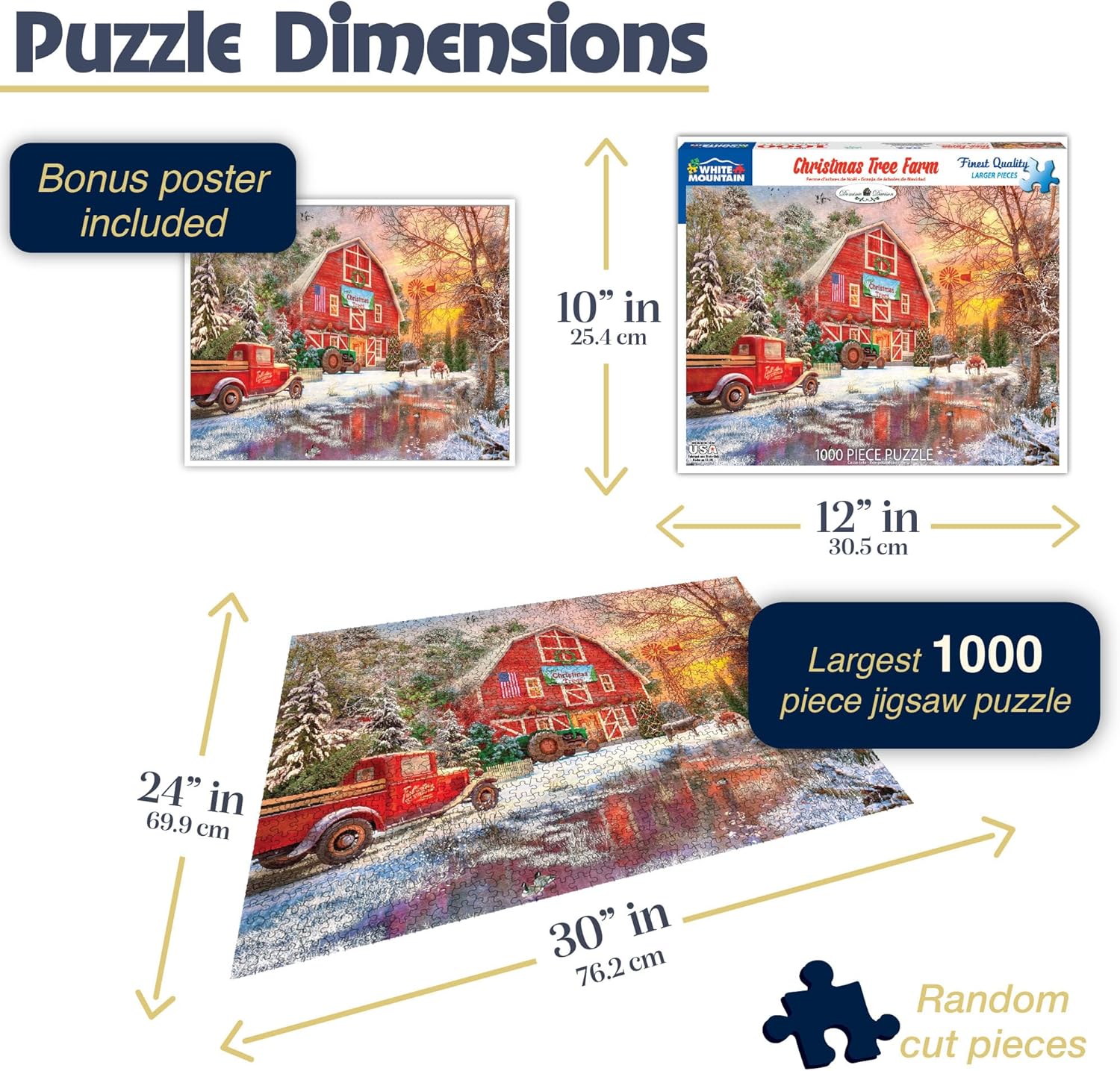 White Mountain 1000 Piece Jigsaw Puzzle Winter Christmas Holiday Puzzles for Adults and Teens 24"x30" Large Pieces - Christmas Tree Farm