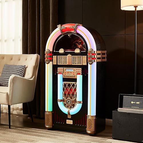 Miniatura 7 de Arkrocket Jukebox reproductor de discos de vinilo de tamaño completo Bluetooth USB SD Reproductor de CD Radio, tocadiscos retro clásico Jukebox