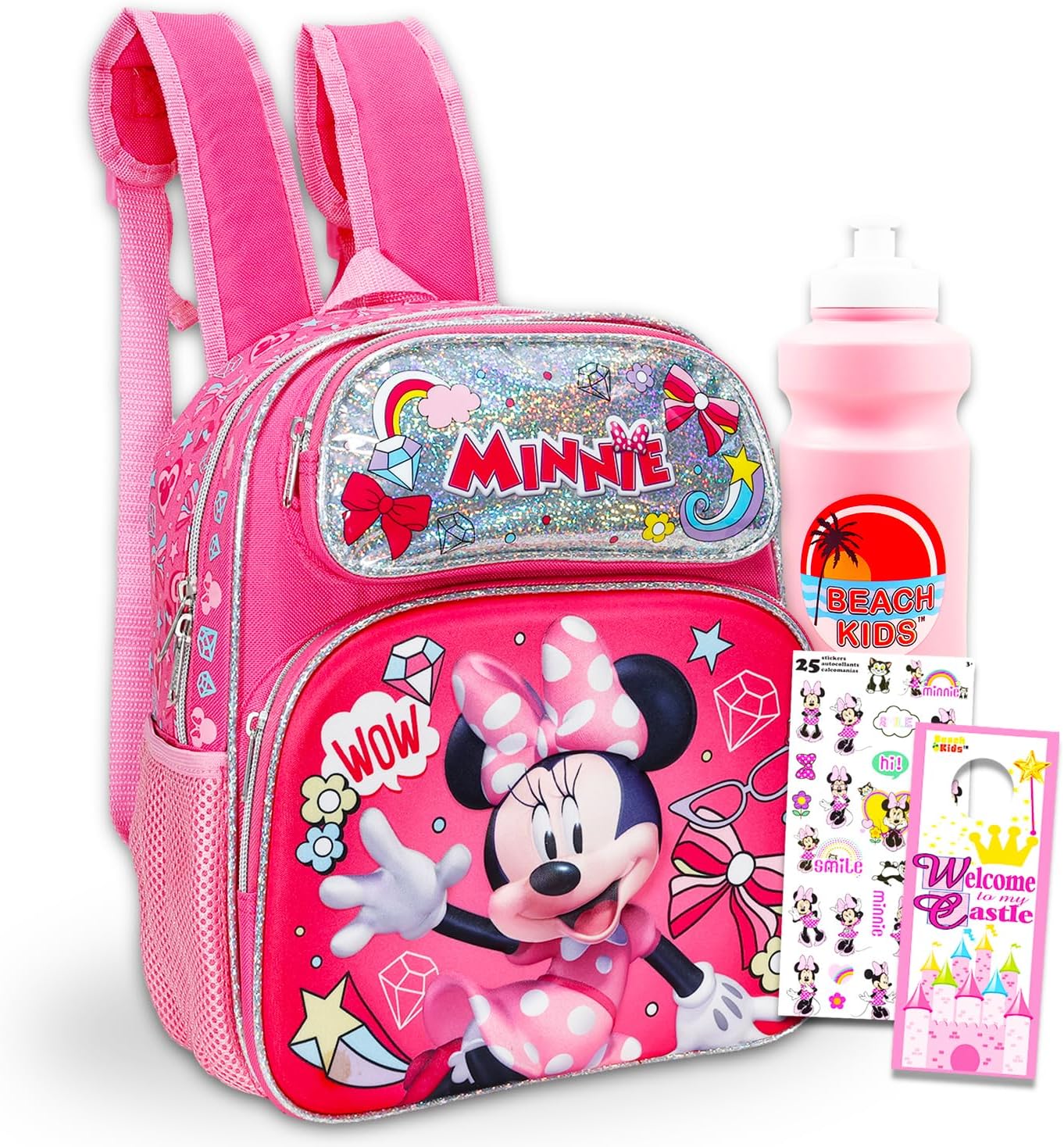 Disney Minnie Mouse Mini Backpack for Kids - Bundle with 12" Small Bag for Girls Plus Water Bottle, Stickers | Minnie Mouse Backpack Purse for Kids, Toddlers
