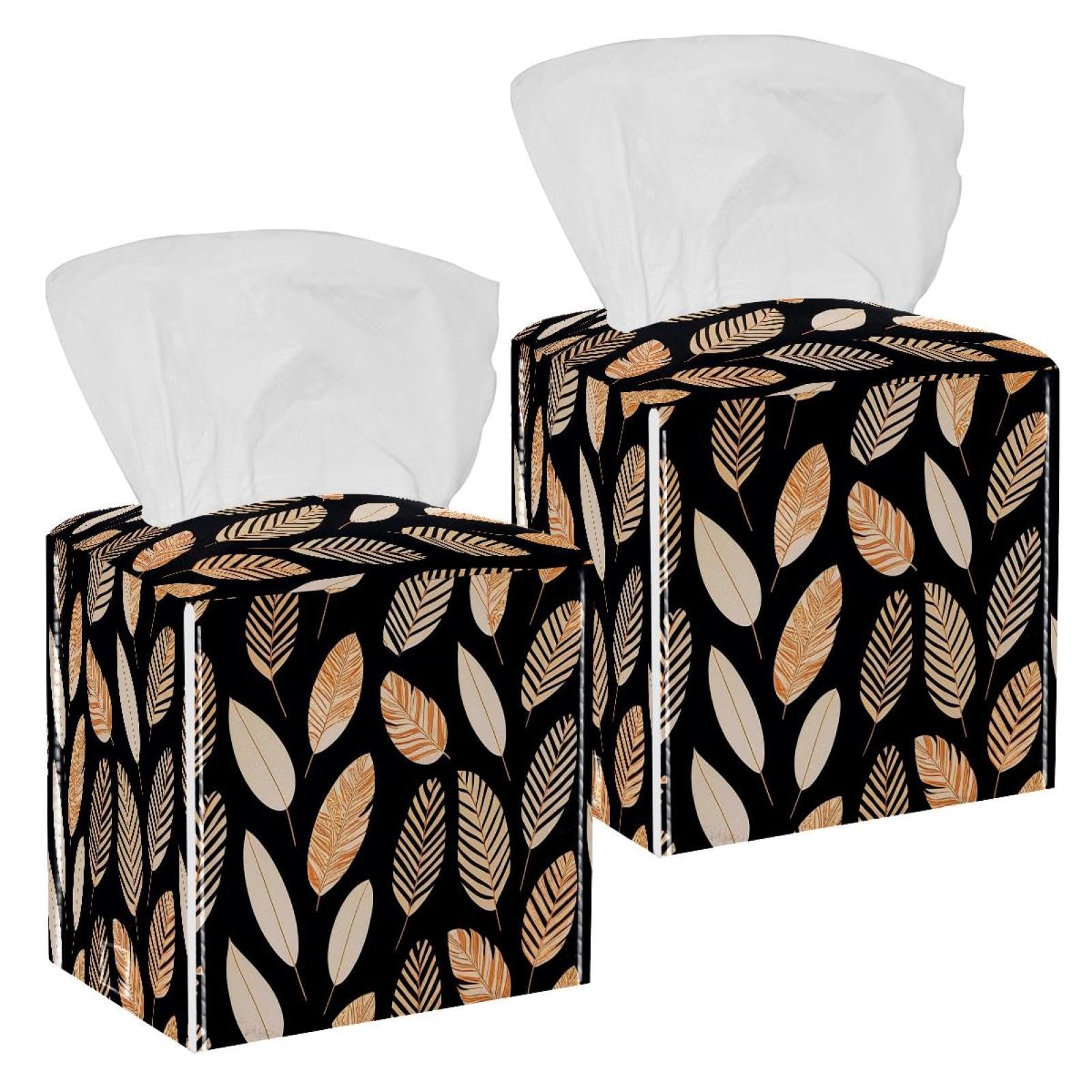 Leaf Tissue Box Cover, 2 Pack PU Leather Square Facial Tissue Dispenser Box holder for Home Office Car
