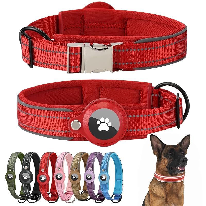 Coleira refletiva para cães médios com suporte para Apple AirTag Swizitelon – M, Red+Airtag Holder