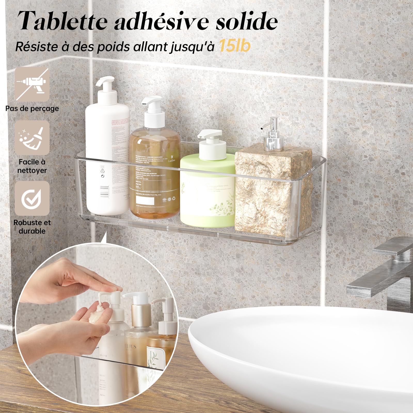 PAVSTINE Shower Shelf No Drilling Transparent, 2 Pcs Bathroom Caddy with Drain Holes, Bathroom Basket Shelves - Image 3