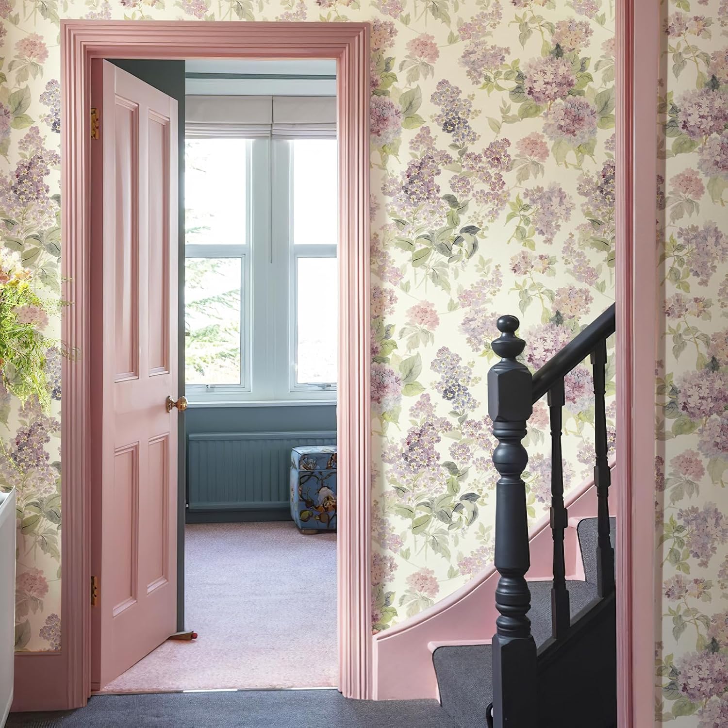 17.3x480in Floral Peel and Stick Wallpaper Pink Purple Floral Contact Paper Lilac Wallpaper Removable Self Adhesive Green Leaf Decorative Wall Paper for Bedroom Kitchen Girl's Room