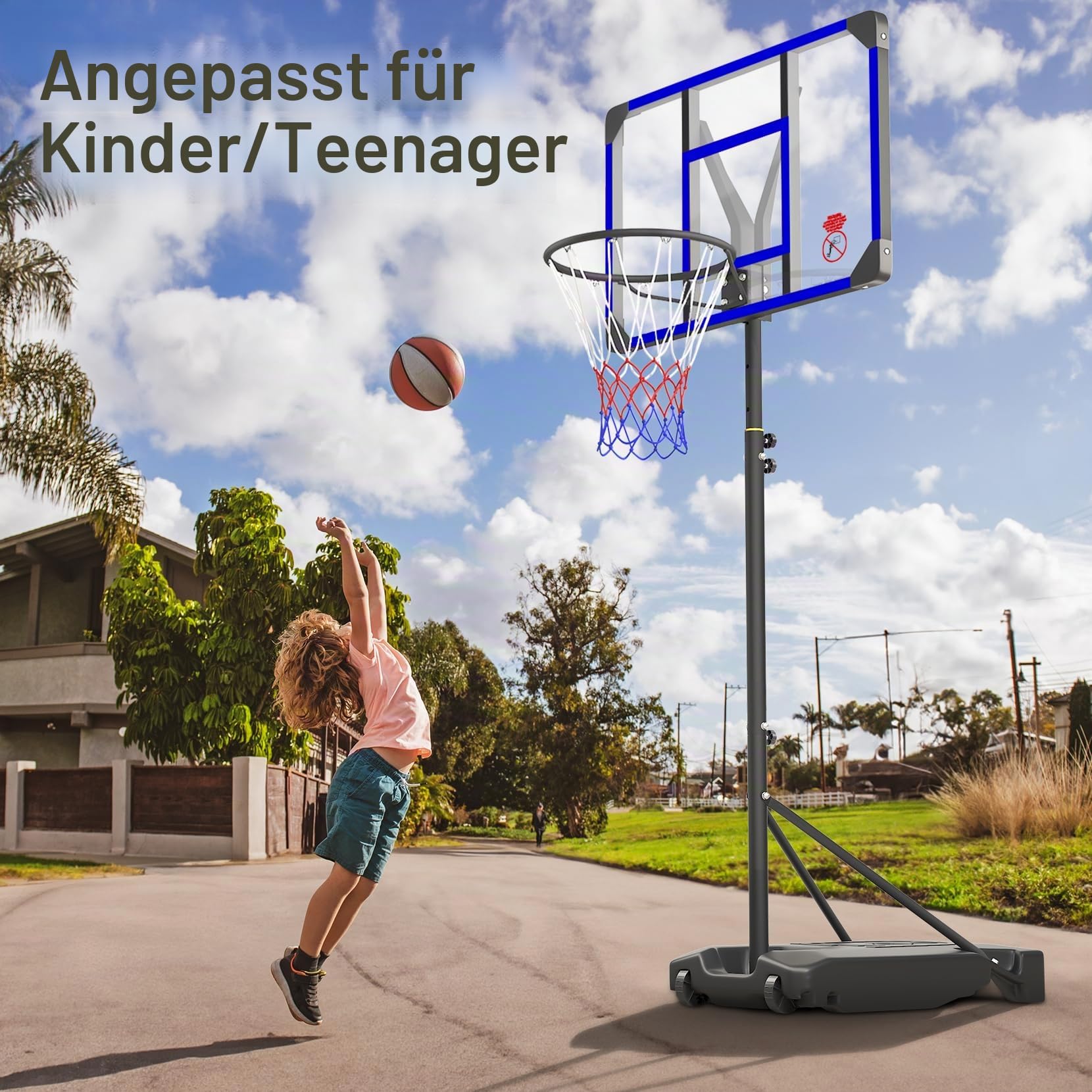 Yohood Basketballkorb, 12,4 - 3 m, verstellbar, tragbar, Basketballkörbe und Tore für Kinder/Jugendliche/Erwachsene, mit 44 PC-Rückwand, 45,7 cm Standardkorb-Rand, Allwetter-Ständer für den