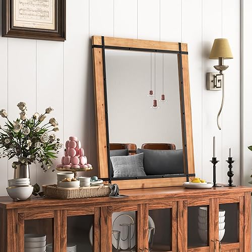 Miniatura 6 de CHARMAID Espejo de pared, espejo de tocador de granja de 40 x 30 pulgadas, marco de madera maciza, ganchos para colgar, espejo de madera rústica,