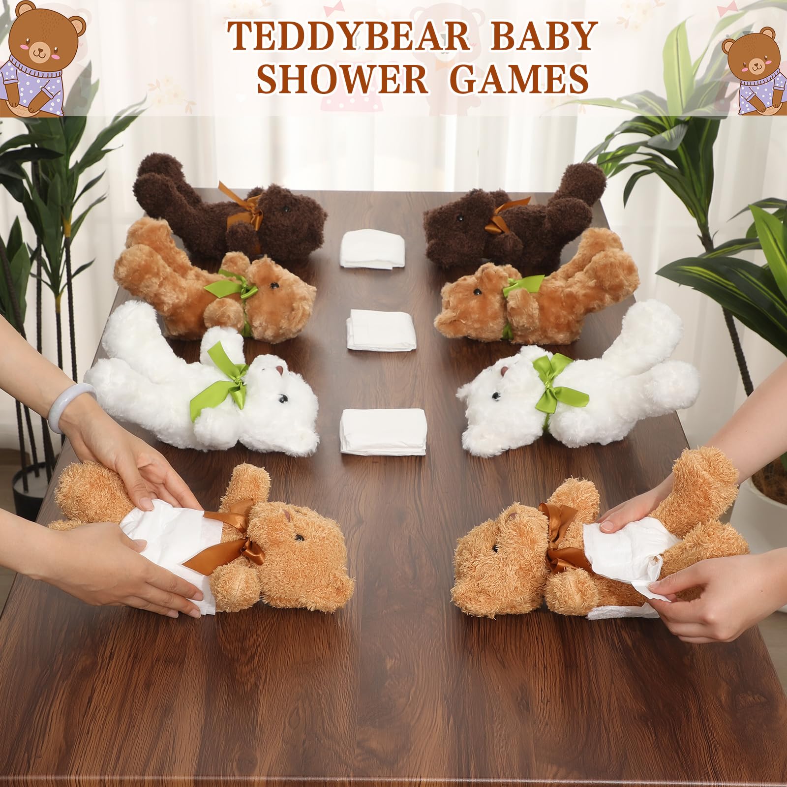 Chicingyou Juego de 8 juegos para cambiar pañales con los ojos vendados con los ojos vendados, 8 pañales de felpa de oso, 8 bolsas de regalo para baby shower, revelación de género, juego de fiesta de