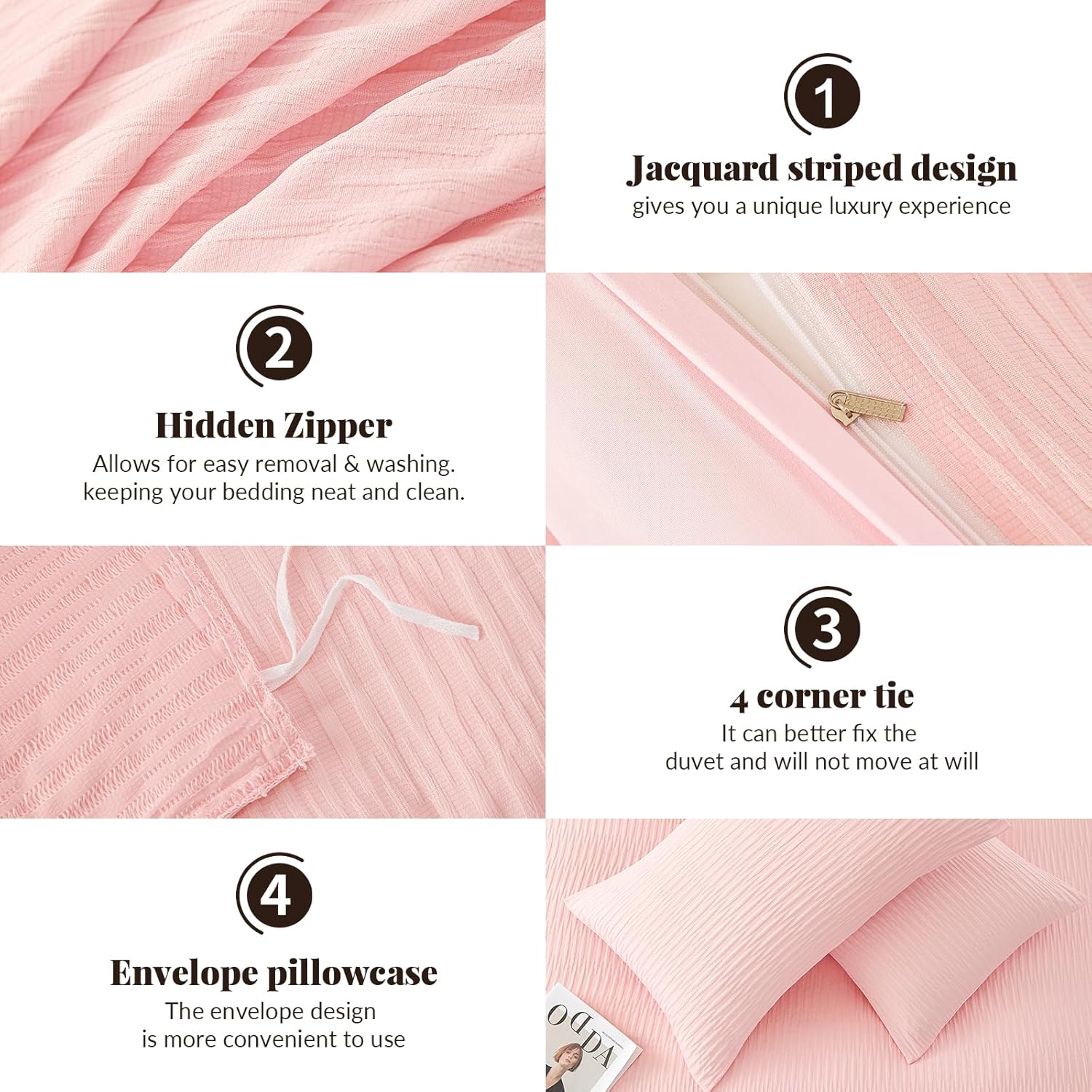 Pink Duvet Cover King Size, 3pcs Washed Microfiber Bedding Set, Soft Breathable Rippled Duvet Cover Set with Zipper Closure for All Seasons - Image 4