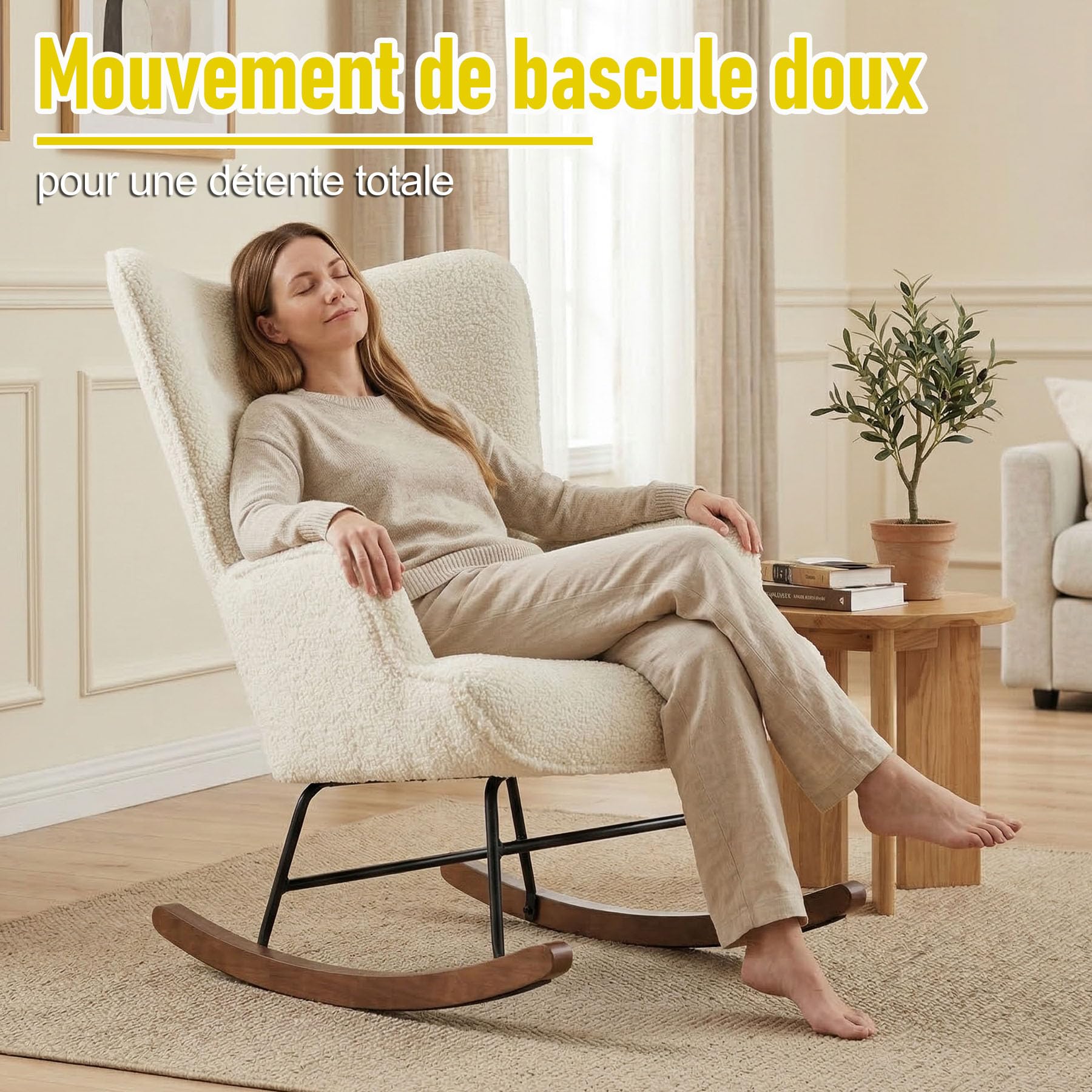 Rocking Chair Confortable en Velours Rembourré avec Support Lombaire, Fauteuil à Bascule Allaitement Scandinave, Chaise à Bascule pour Salon, Chambre, Balcon, Chambre Bébé, Nursery – Beige