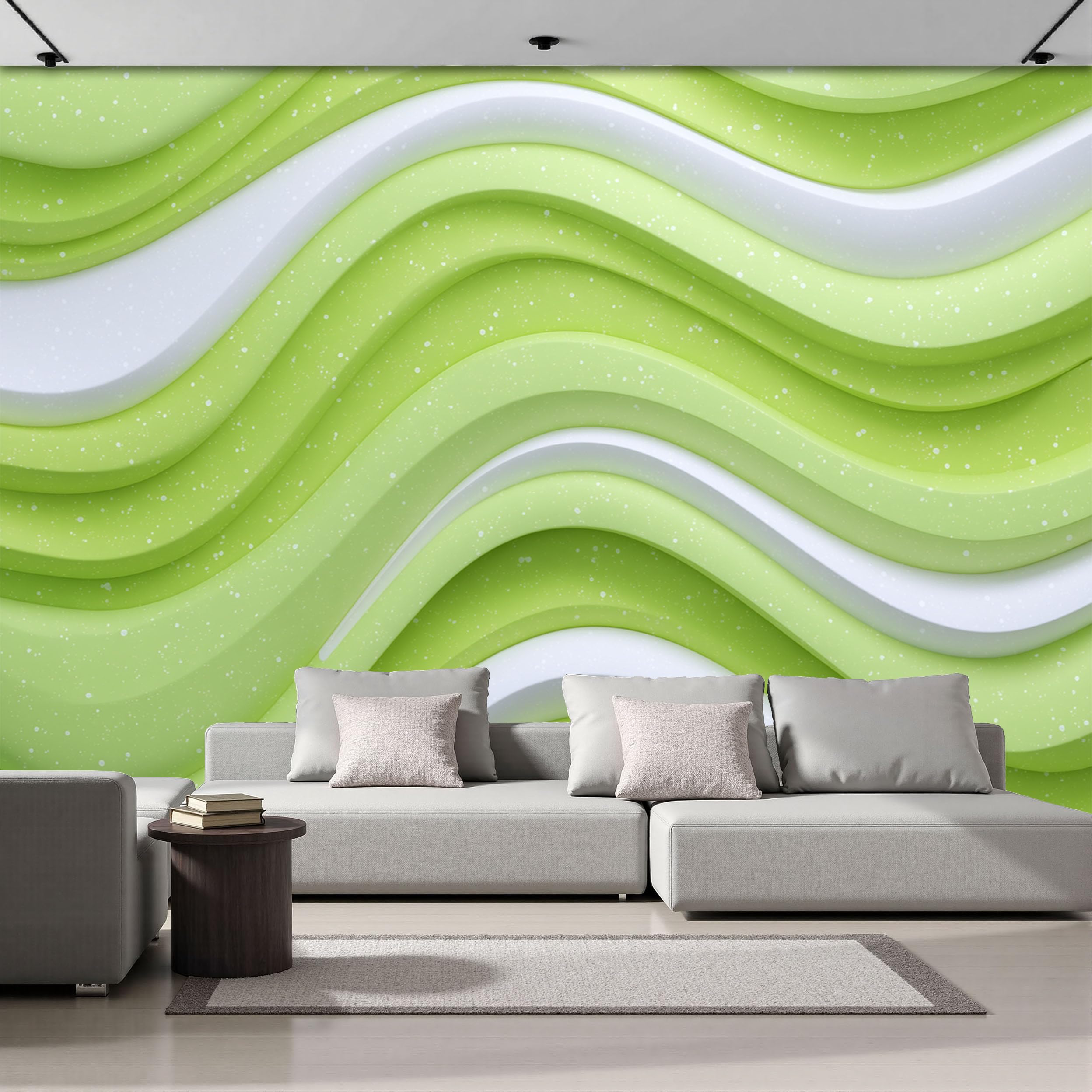 Papier peint panoramique relief ondulé 3D vert sauge 400x280 cm pour grand mur de salon