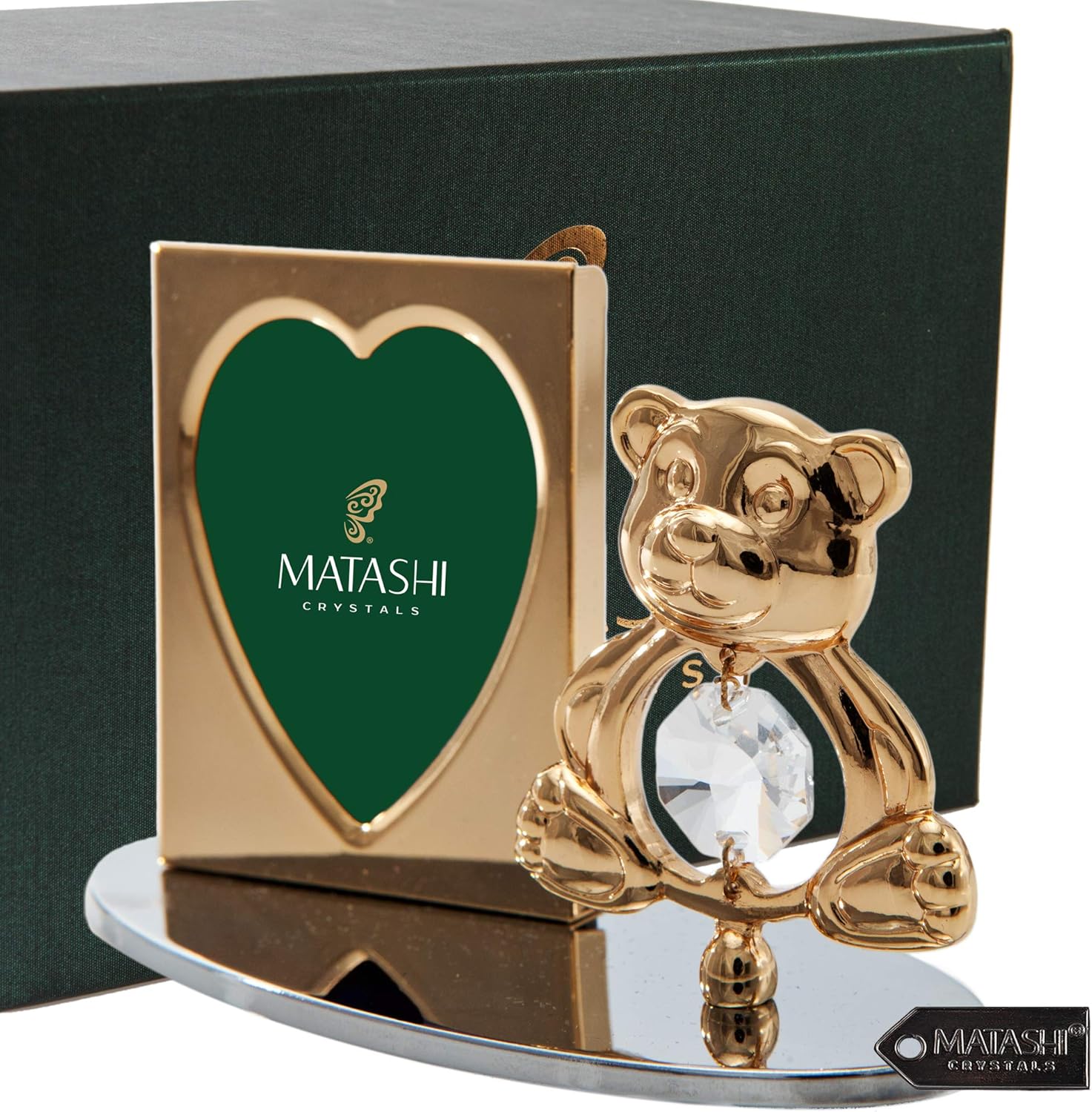 Matashi 24k Gold Plated Picture Frame Desk Set with Crystal Studded Teddy Bear Figurine on Base Decorative Tabletop Living Room Showpiece Gift for Christmas Birthday Valentine's Day Anniversary