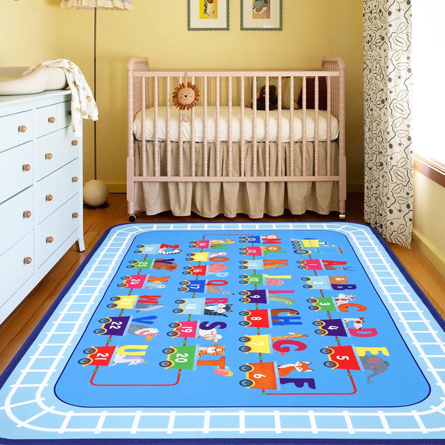 Kids Rugs for Playroom 5x7Ft,Boys Room Rug,Non Slip Blue Train Rug Educational Classroom Floor Carpet Car Play Mat for Toddlers Bedroom Kids Room
