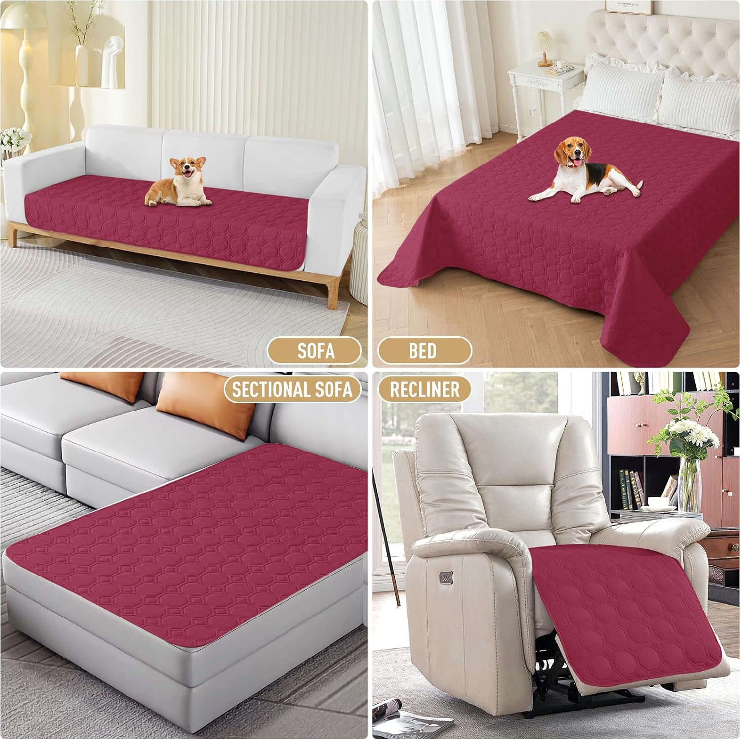 ZNSAYOTX Ultimate Cozy Blankets (68"x82") 100% Waterproof Bed Mat Blanket for Dog Pets, Couch Sofa Protector with Non-Slip Back Washable Durable, Pee Scratch Proof Easy to Clean (Wine Red)