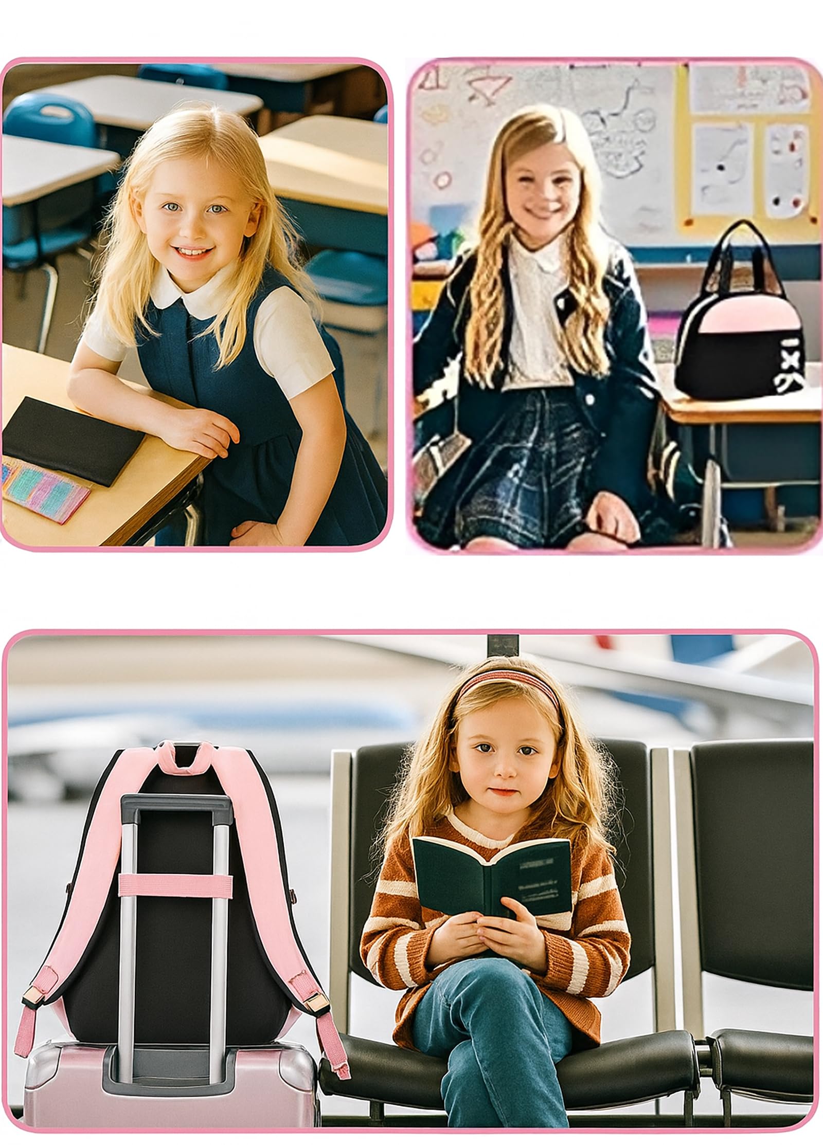 Elegante set di 3 zaini per la scuola per ragazze: impermeabile e leggero con borsa per il pranzo e astuccio, nylon di grande capacità