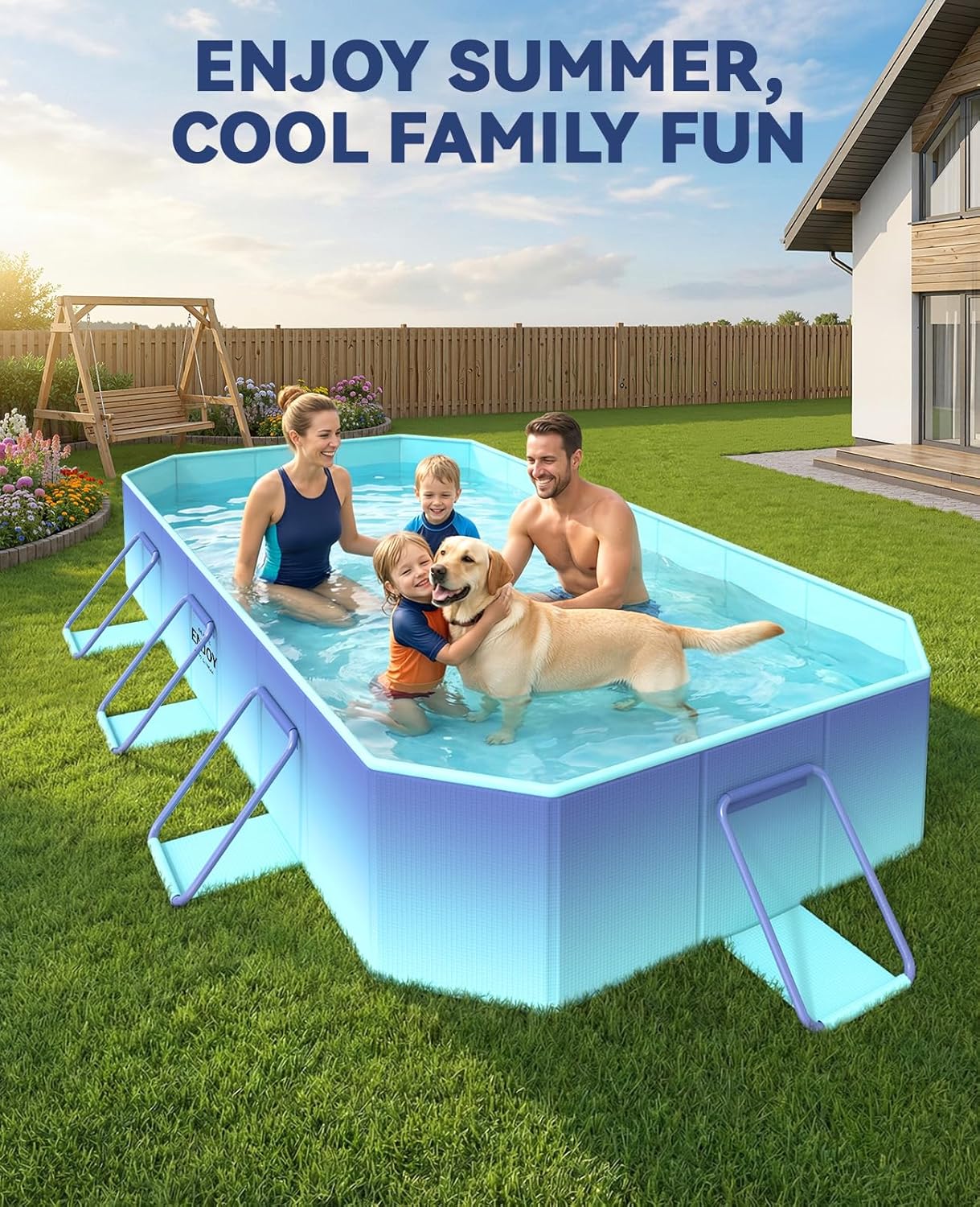 HeySplash Foldable Pool, Non-Inflatable Swimming Pool with Rigid Puncture-Proof Hard Composite Board, Kiddie Pool Outdoor Pool, Adults & Kids Pool for Backyard Garden Dog Pool 114"×70"×19", Ice Blue