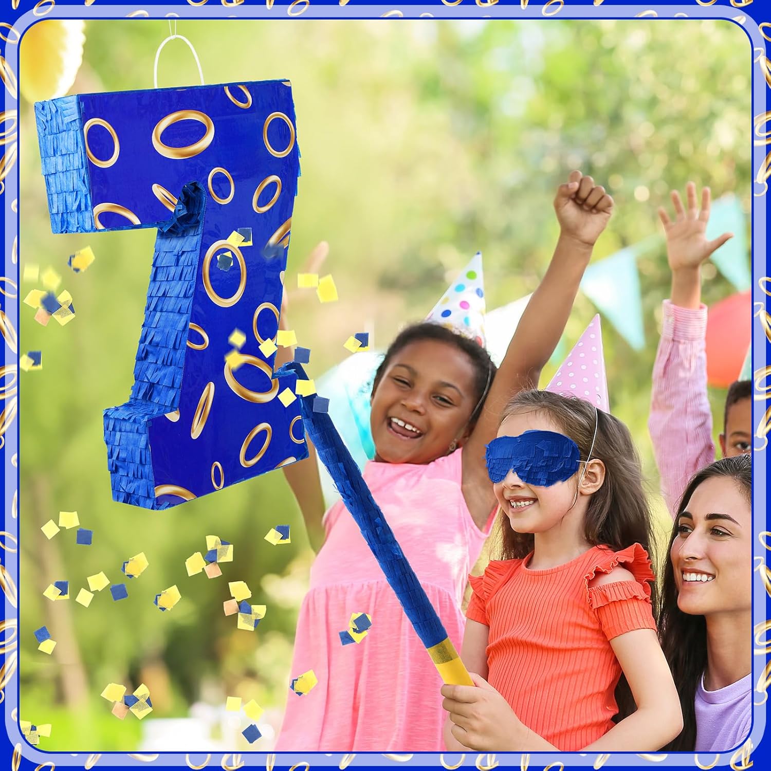 Simgoing Number 7 Blue and Golden Rings Piñata for Kids Birthday Cartoon Theme Small Piñata with Blindfold Stick Confetti for Fiesta Cinco De Mayo Party Decor, 15.8 x 11 x 2.8 Inch