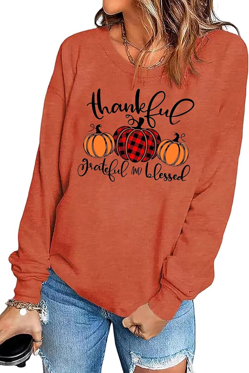 Thanksgiving Sweatshirts Women Thankful Grateful and Blessed Sweatshirt Pumpkin Pullovers Shirts Tops Blouses - Image 4