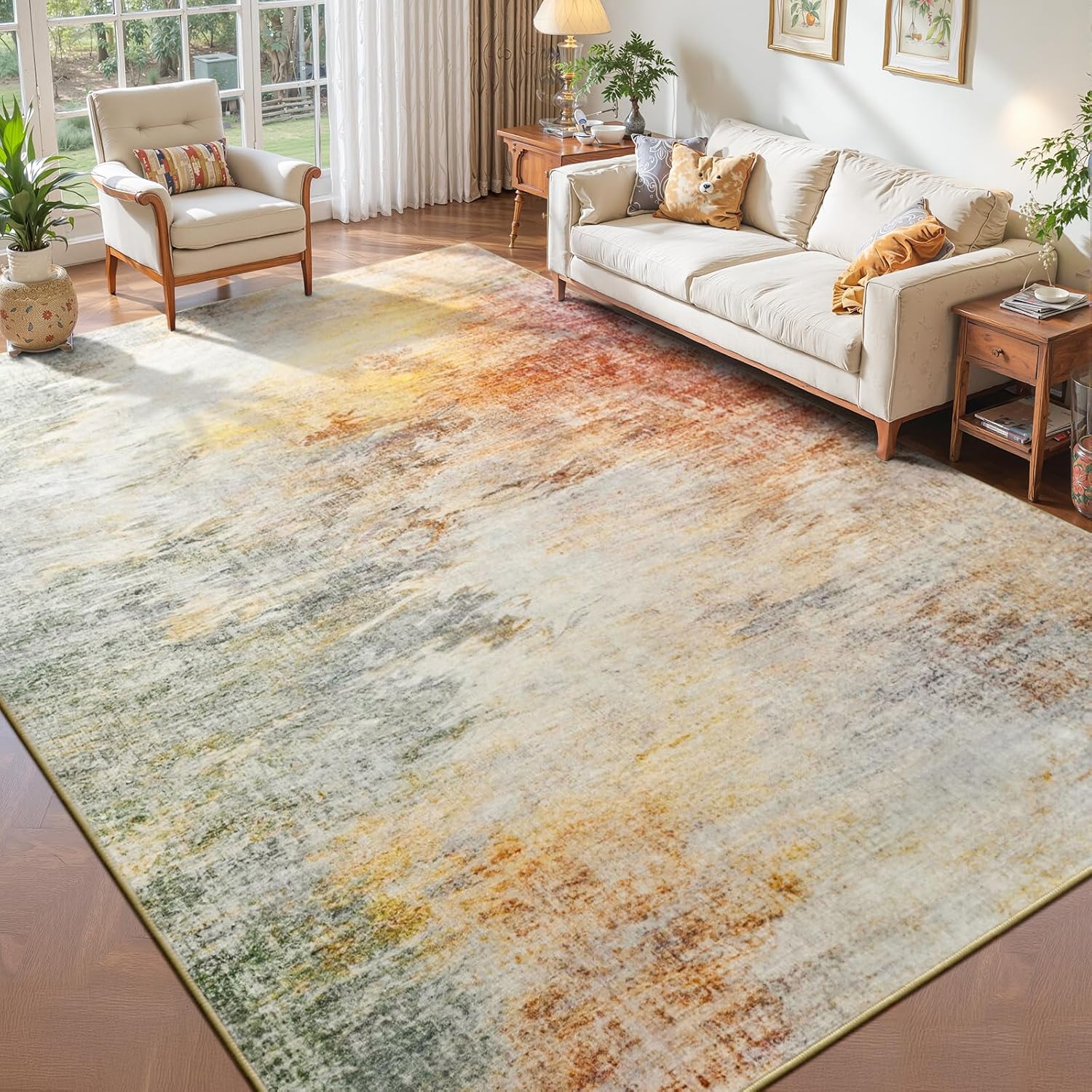 5x7 Area Rugs for Living Room, Washable Abstract Soft Bedroom Rug Non-Slip Low Pile Stain Resistant Indoor, Large Thin Modern Throw Carpet for Kitchen Farmhouse Nursery Office Home Decor, Colorful