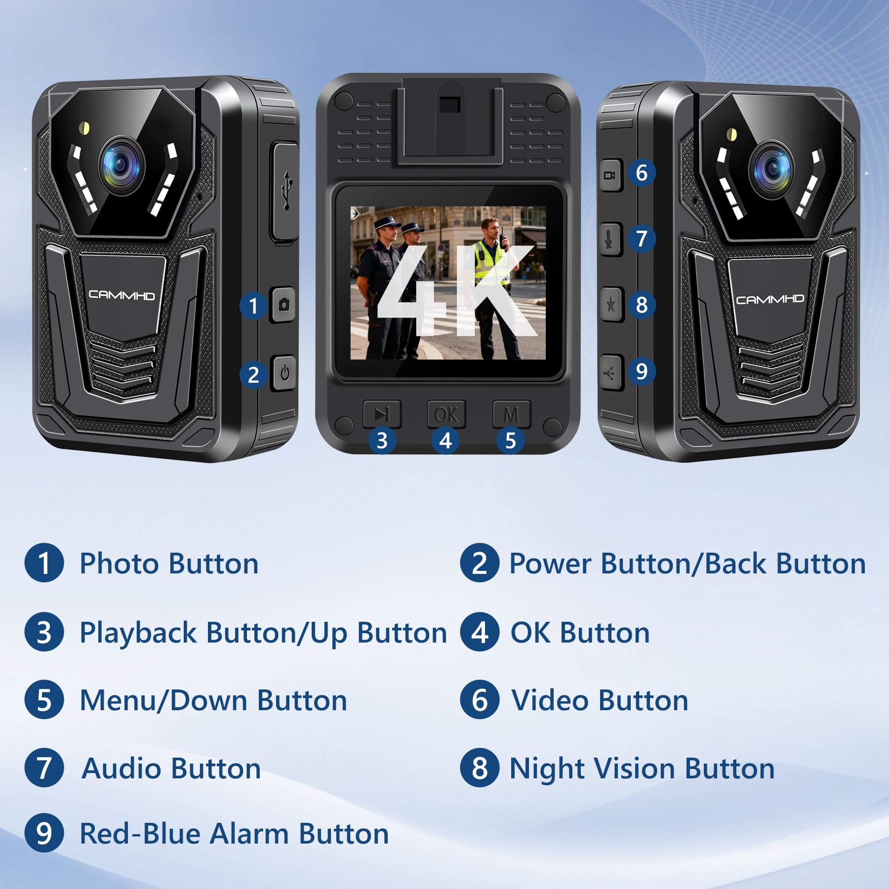 CAMMHD F6-32GB 4K-Körperkamera, arbeitet 12–14 Stunden und hat Ultra-Nachtsicht, wasserdichte Body Cam mit Audio- und Videoaufzeichnung, H.265-Videocode Polizei Bodycam für die Strafverfolgung